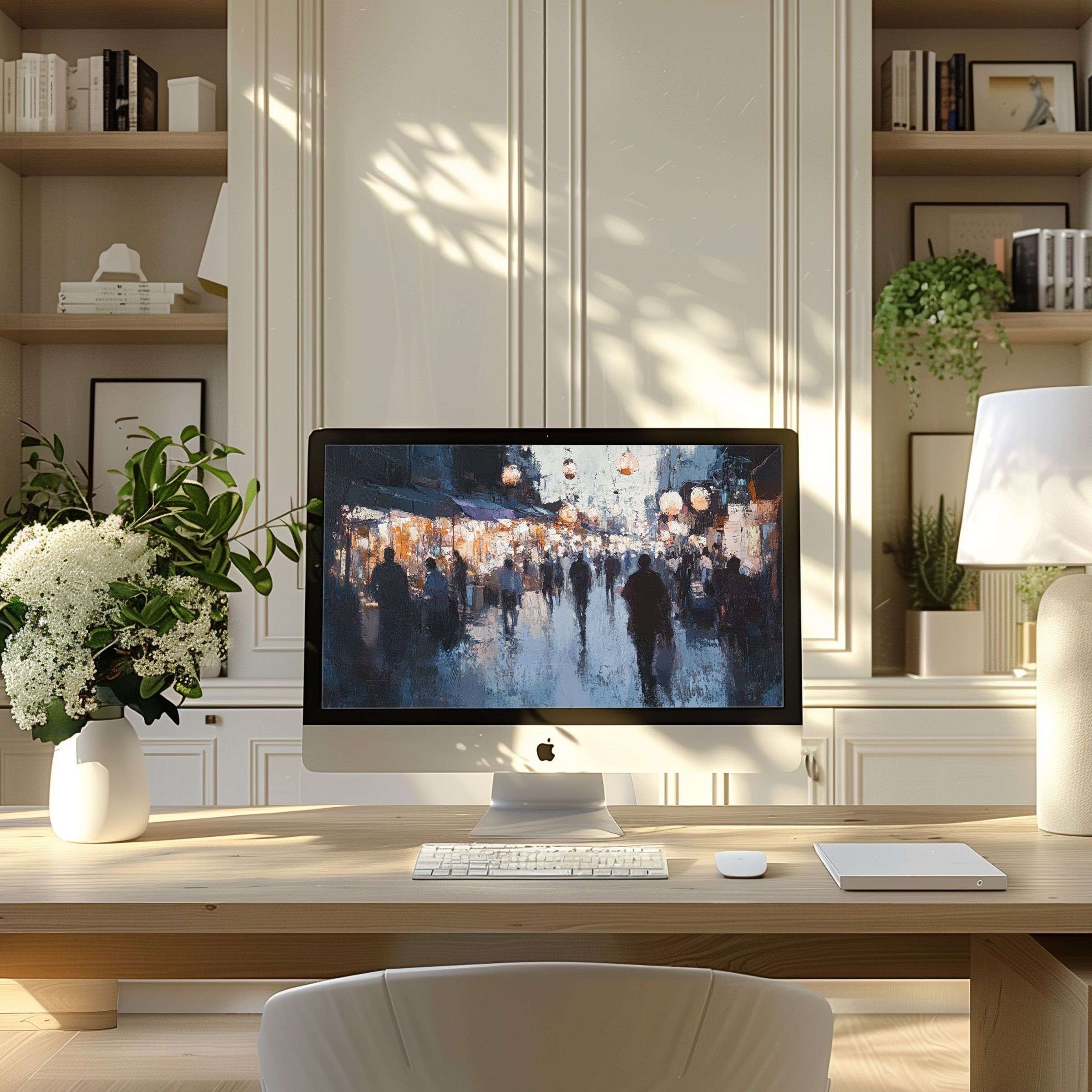 Elegant abstract cityscape wallpaper for computer creating a serene home office vibe ideal for PC or laptop digital download