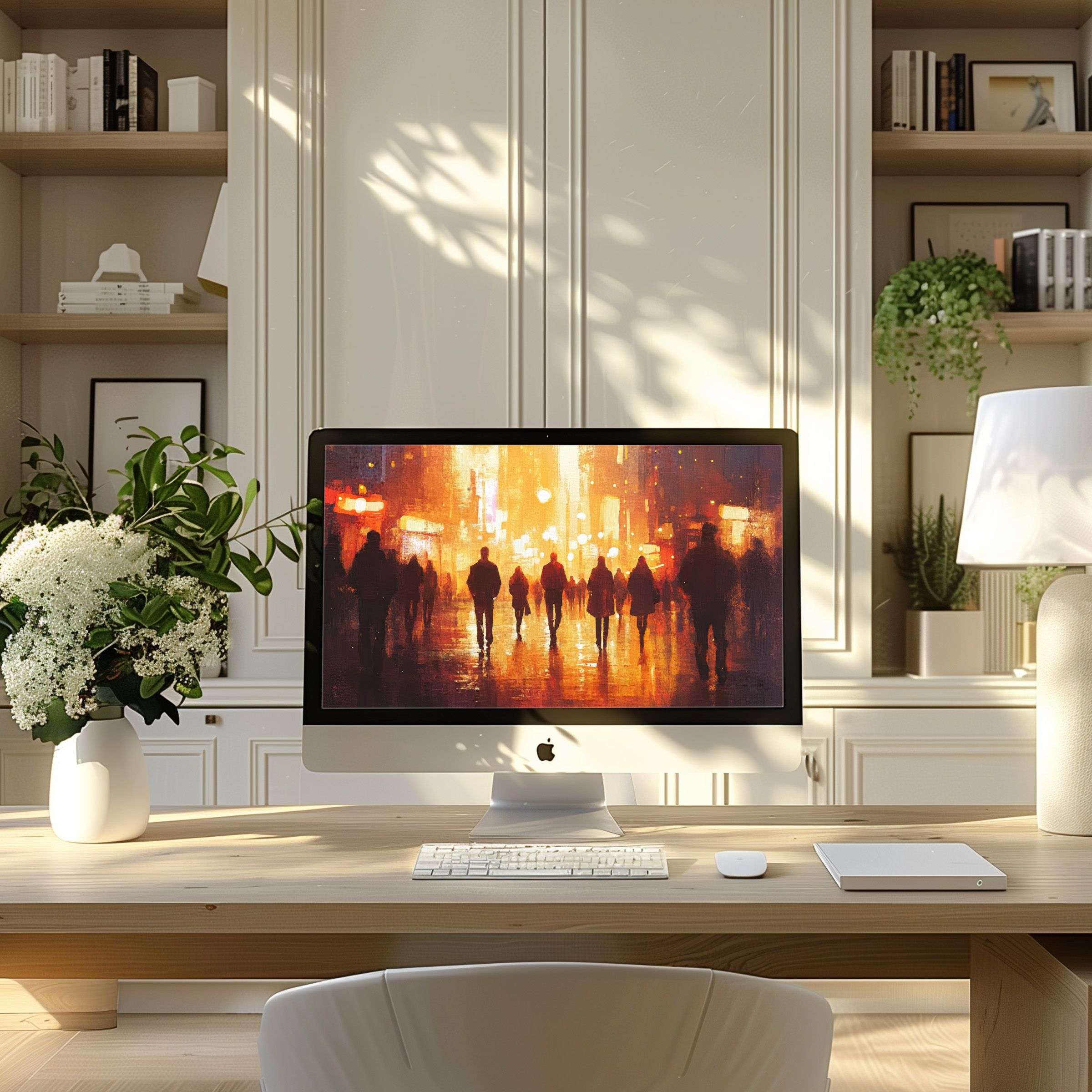 Elegant cityscape digital art wallpaper for computer inspires calm creativity in modern home office fits PC laptop and ultrawide