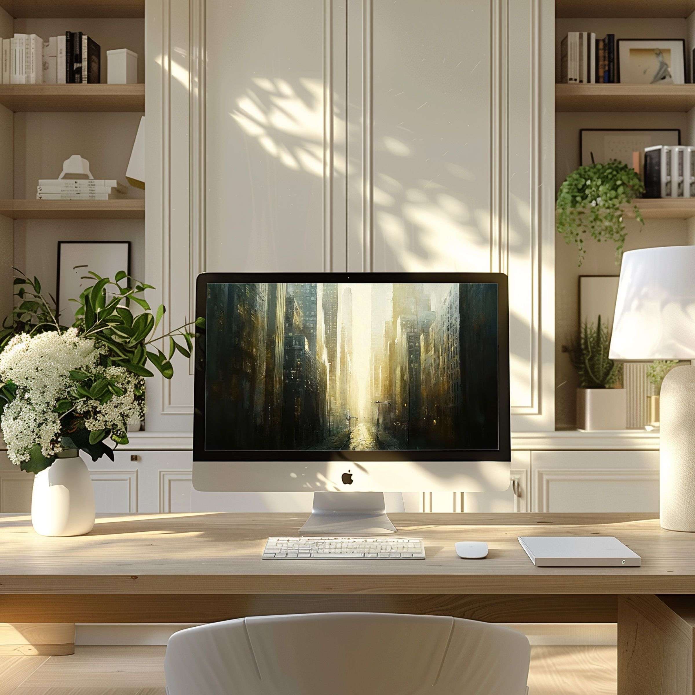 Elegant urban digital art enhances a modern home office, offering calm and inspiration as a versatile wallpaper for computer, PC, laptop