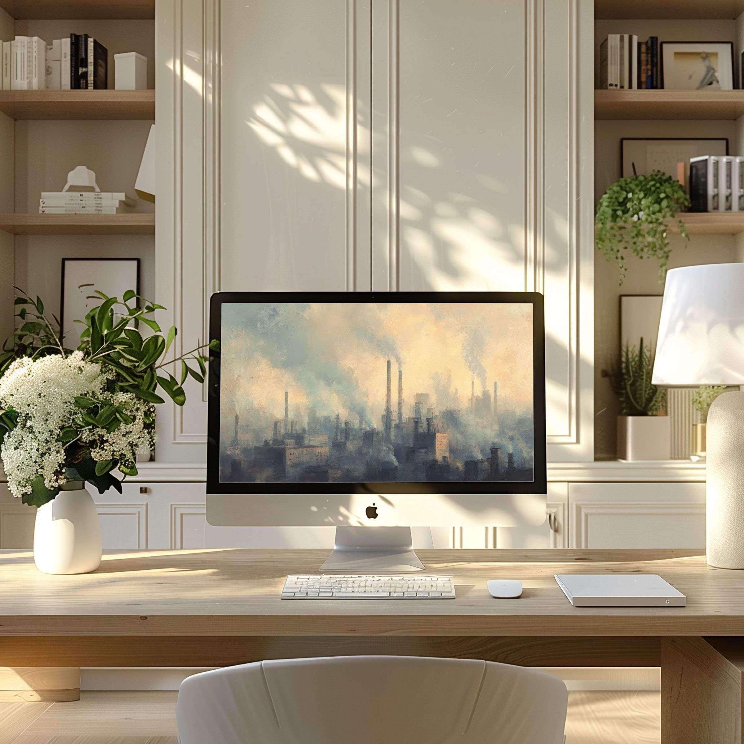 Elegant atmospheric cityscape wallpaper for computer brings inspiration and calm to your modern home office setup on PC or laptop