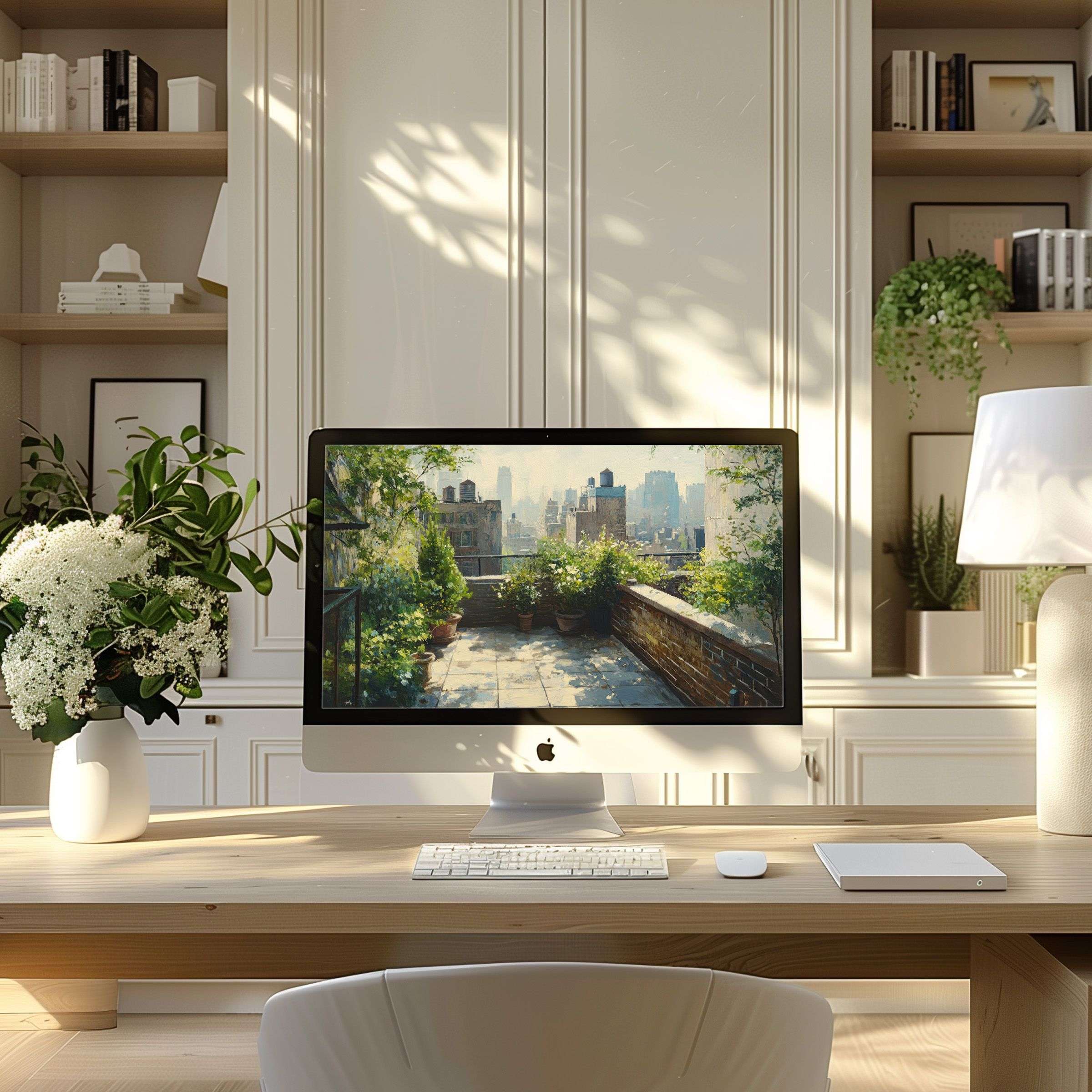 Elegant urban garden wallpaper for computer enhances modern home office calm inspiring design for PC laptop ultrawide screens