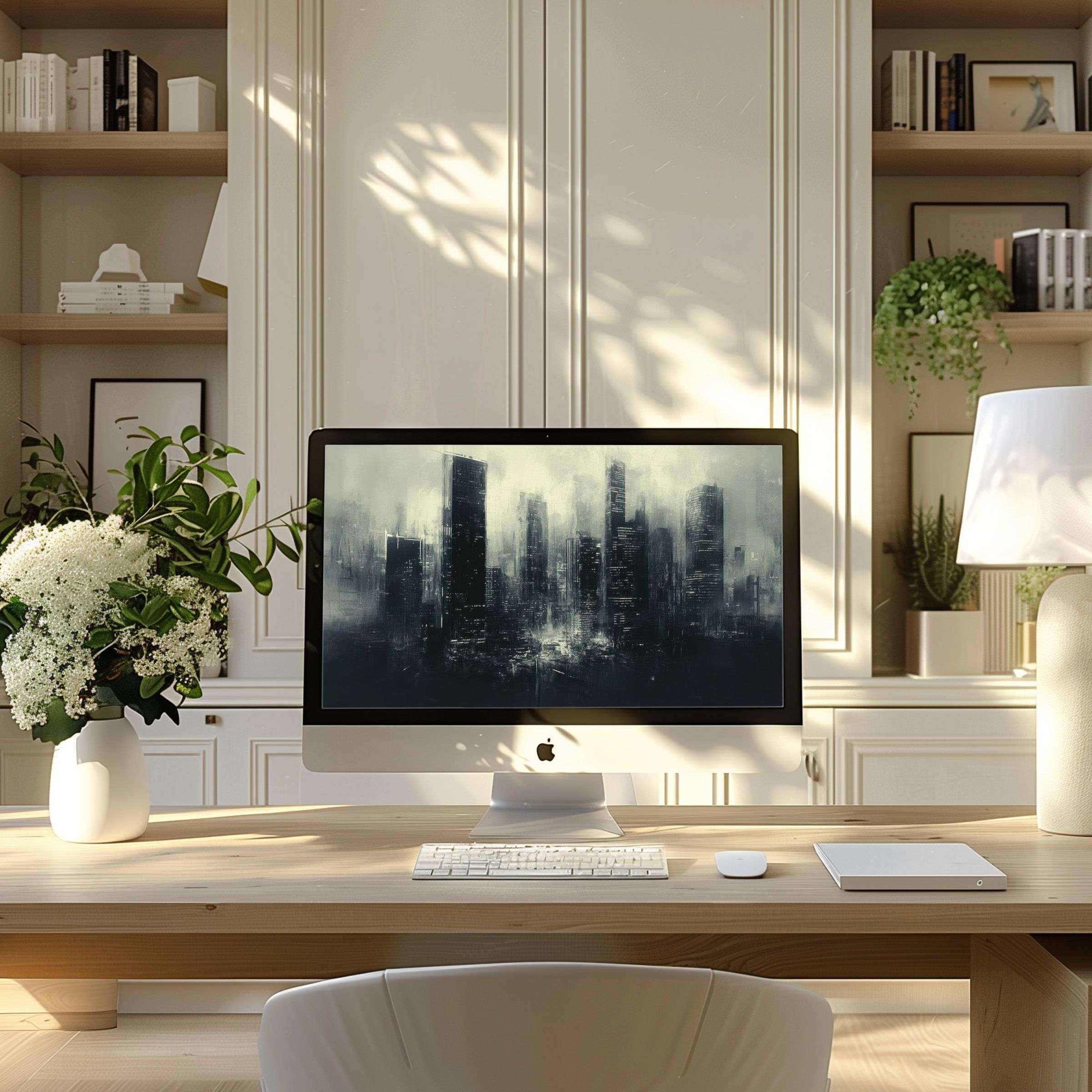 Elegant digital art cityscape wallpaper for computer, PC, and laptop, creating a calming inspiration in modern home office settings