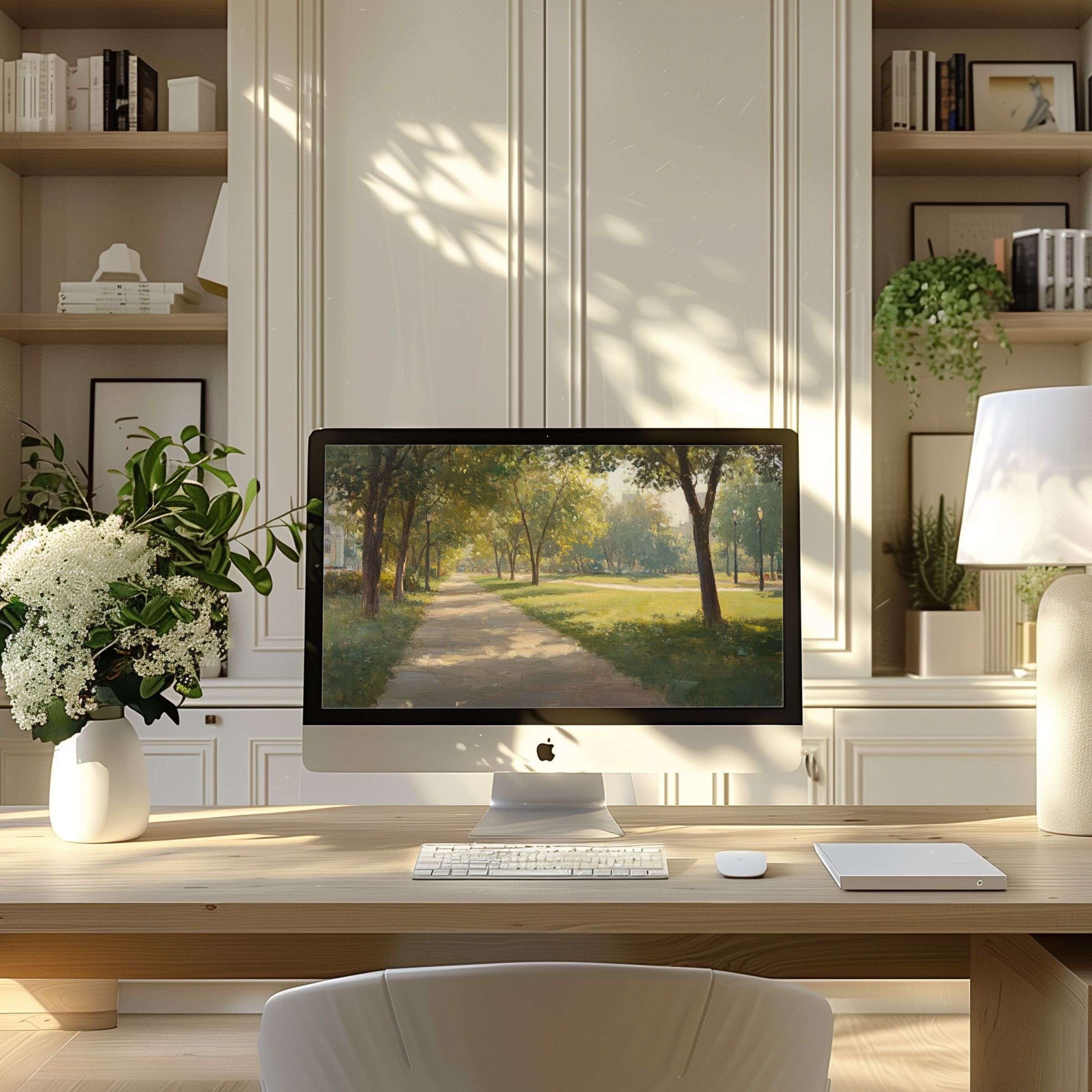 Elegant landscape wallpaper for computer evokes calm, fits PC or laptop, perfect for modern home office, digital download