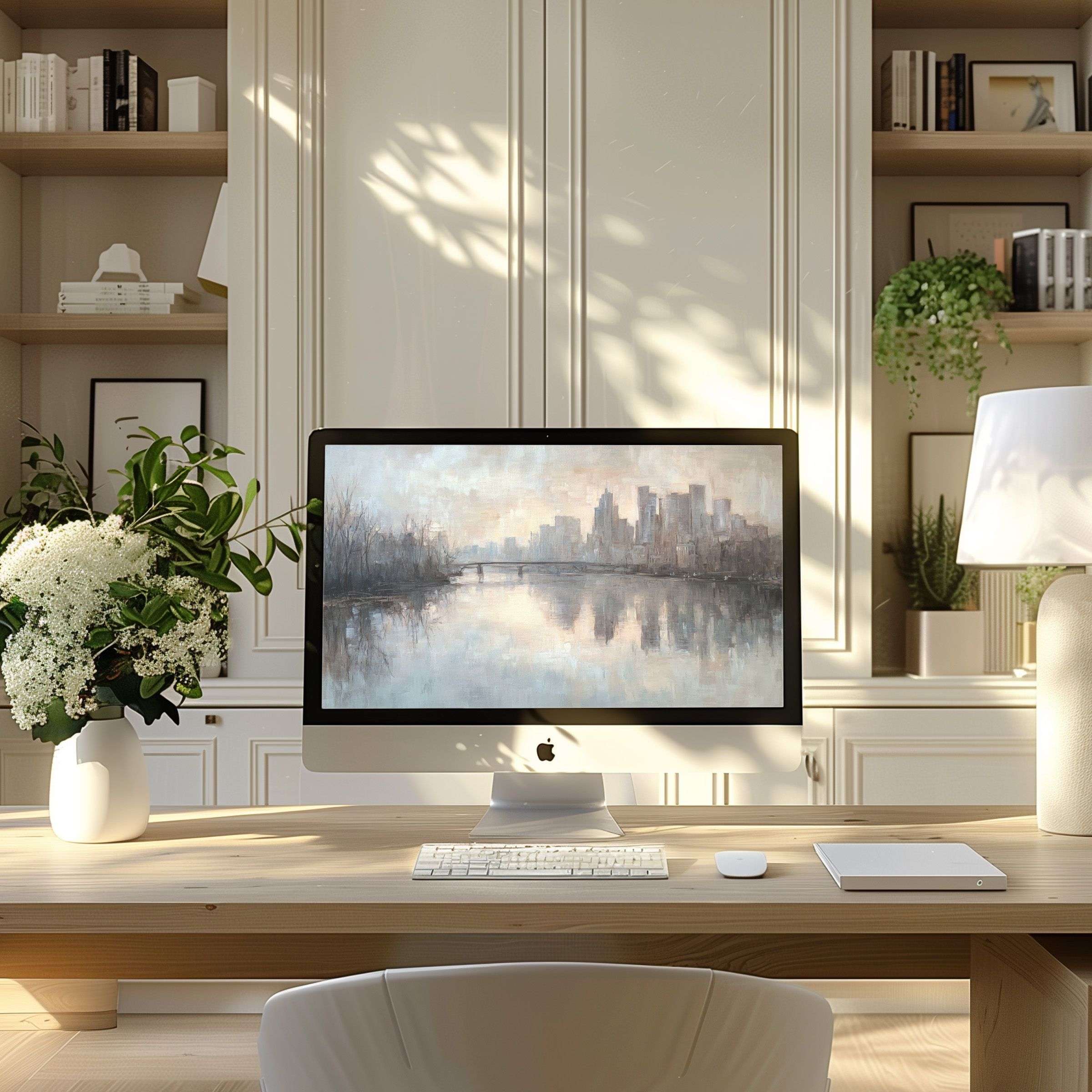 Elegant cityscape wallpaper for computer creates calm in modern home office, fitting PC, laptop, ultrawide, digital download