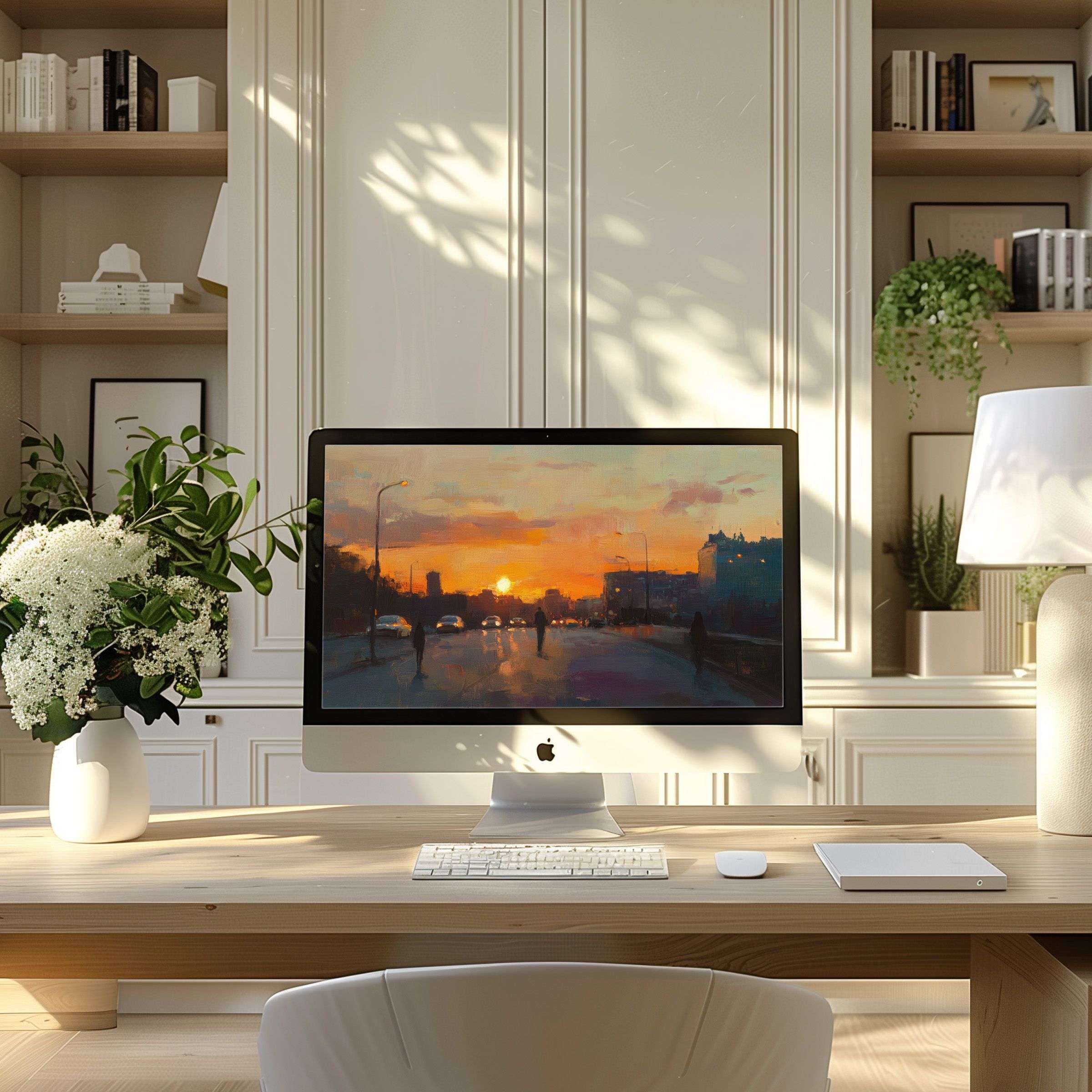 Inspire tranquility with this elegant sunset artwork as a wallpaper for computer, perfect for PC, laptop in modern home offices