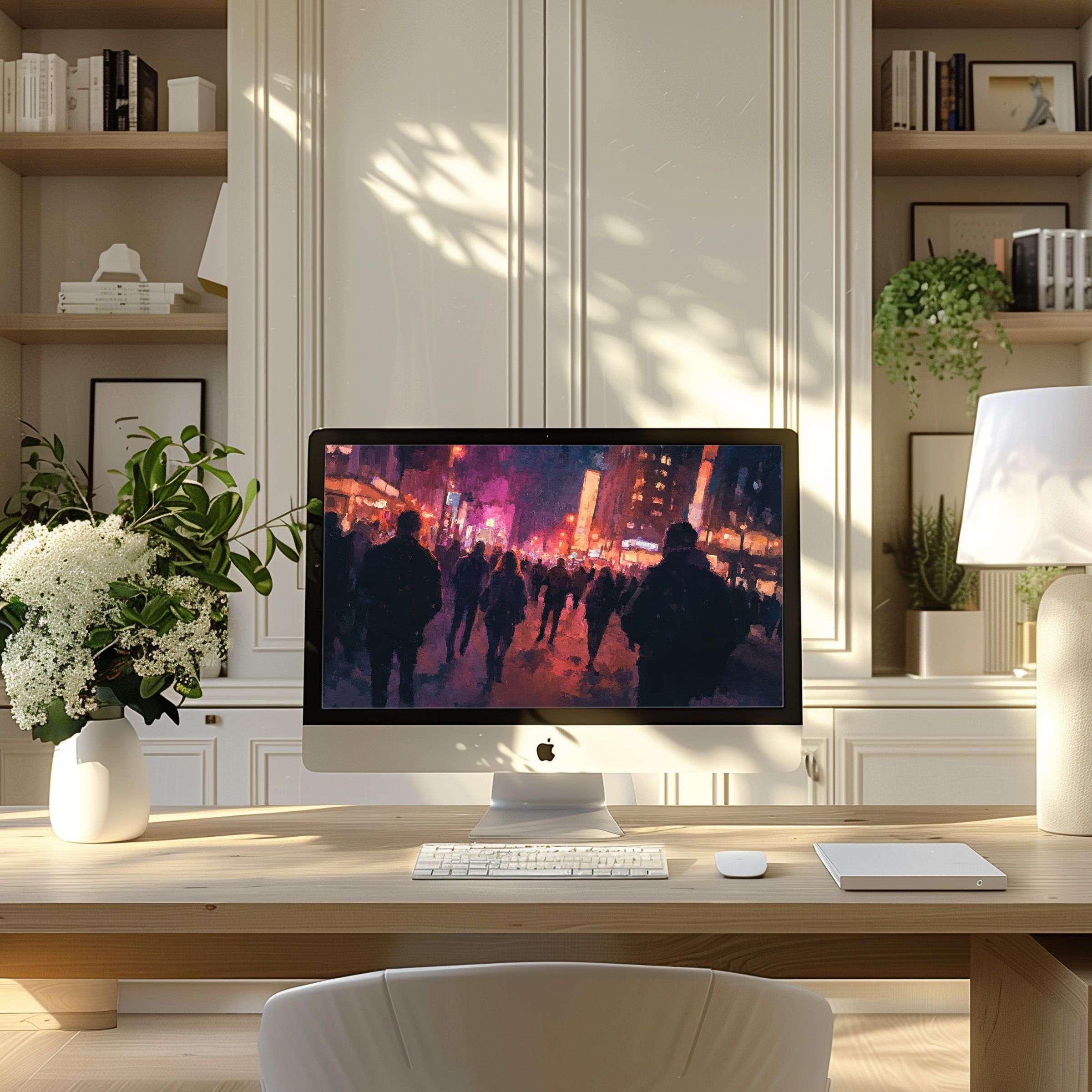 Elegant digital artwork featuring a colorful urban scene, perfect as a calming wallpaper for computer, PC, or laptop in modern home office