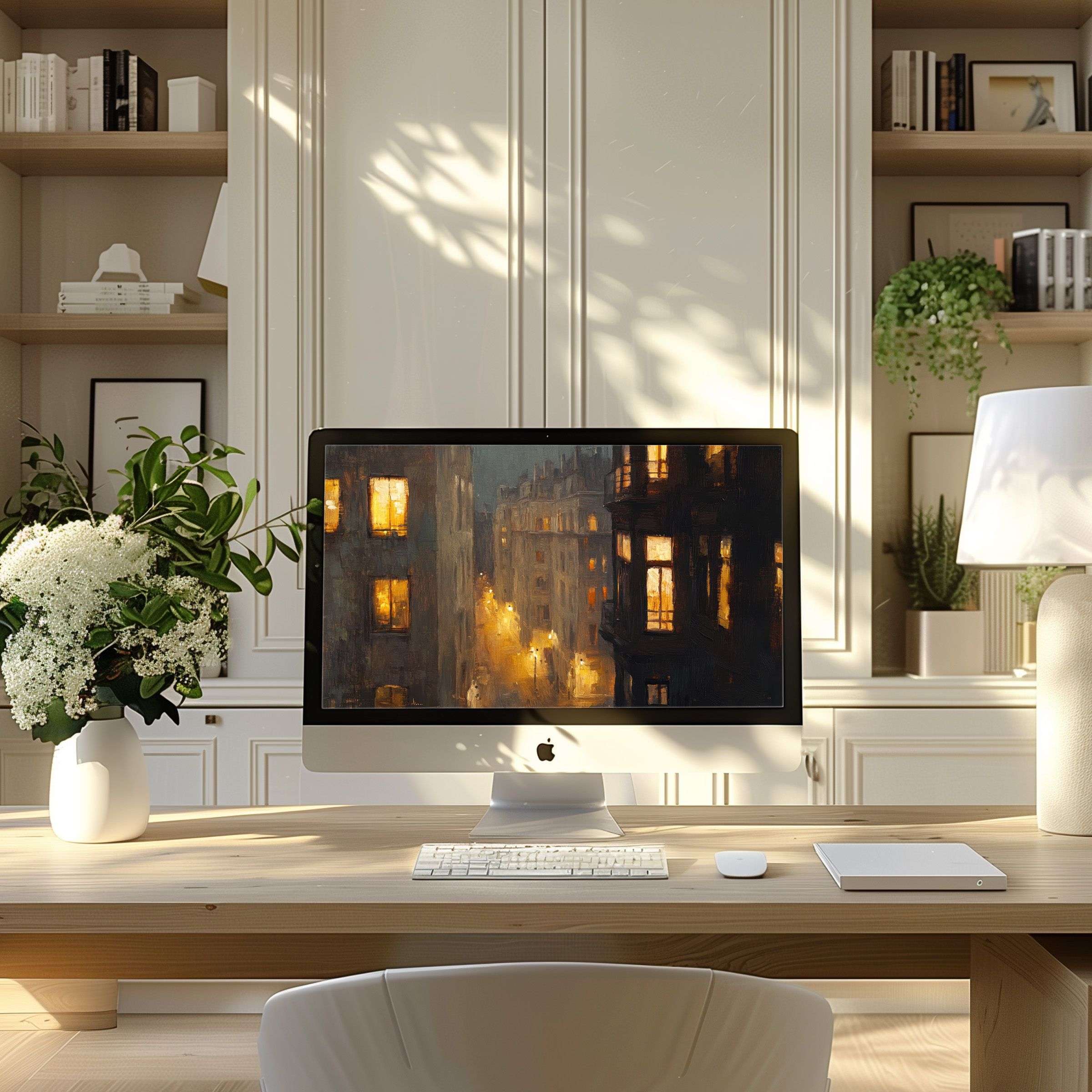 Warm urban night scene wallpaper for computer, PC, laptop Enhances modern home office with calm, elegant inspiration