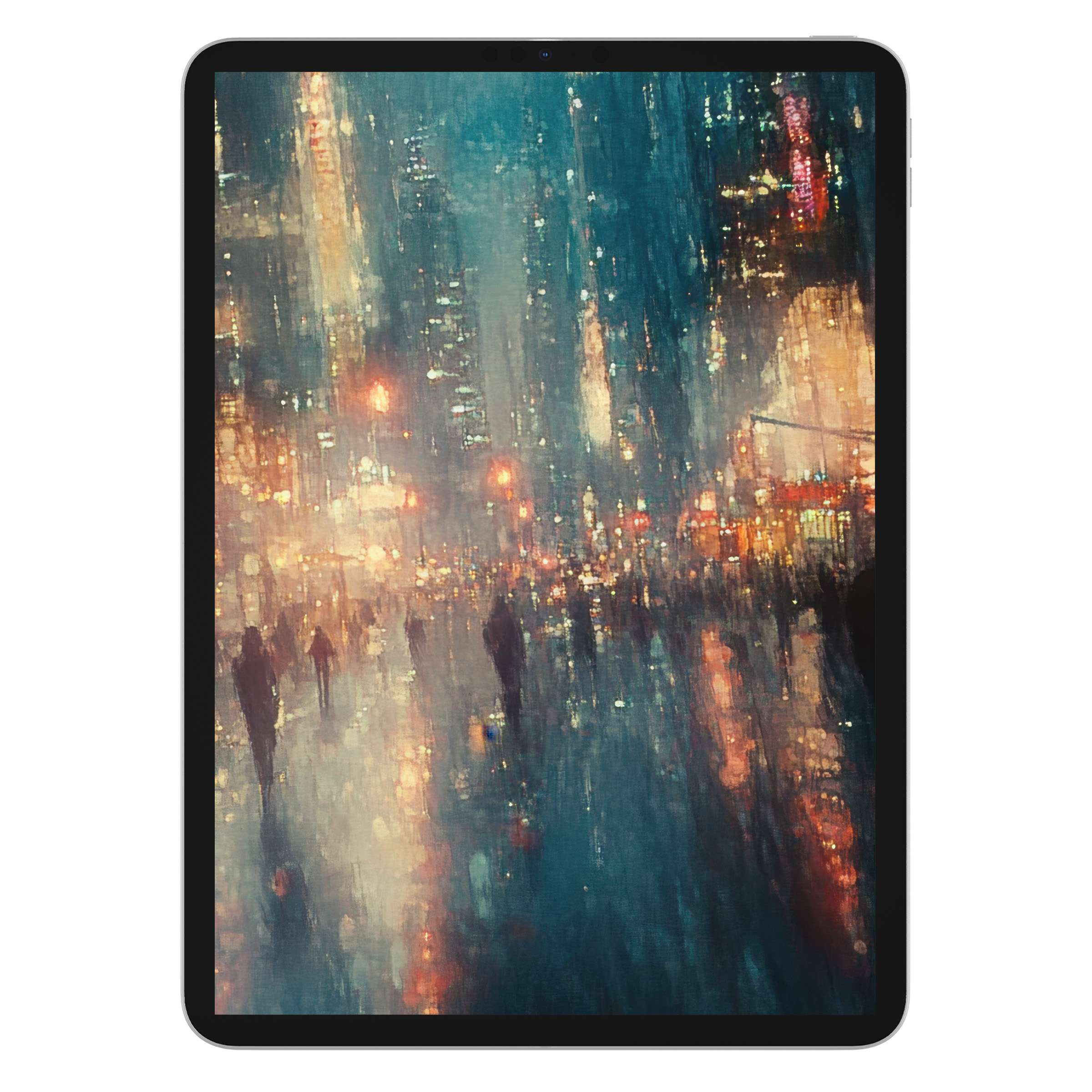 Urban art iPad wallpaper featuring vibrant cityscape with abstract brushstrokes, perfect digital download background for any tablet device