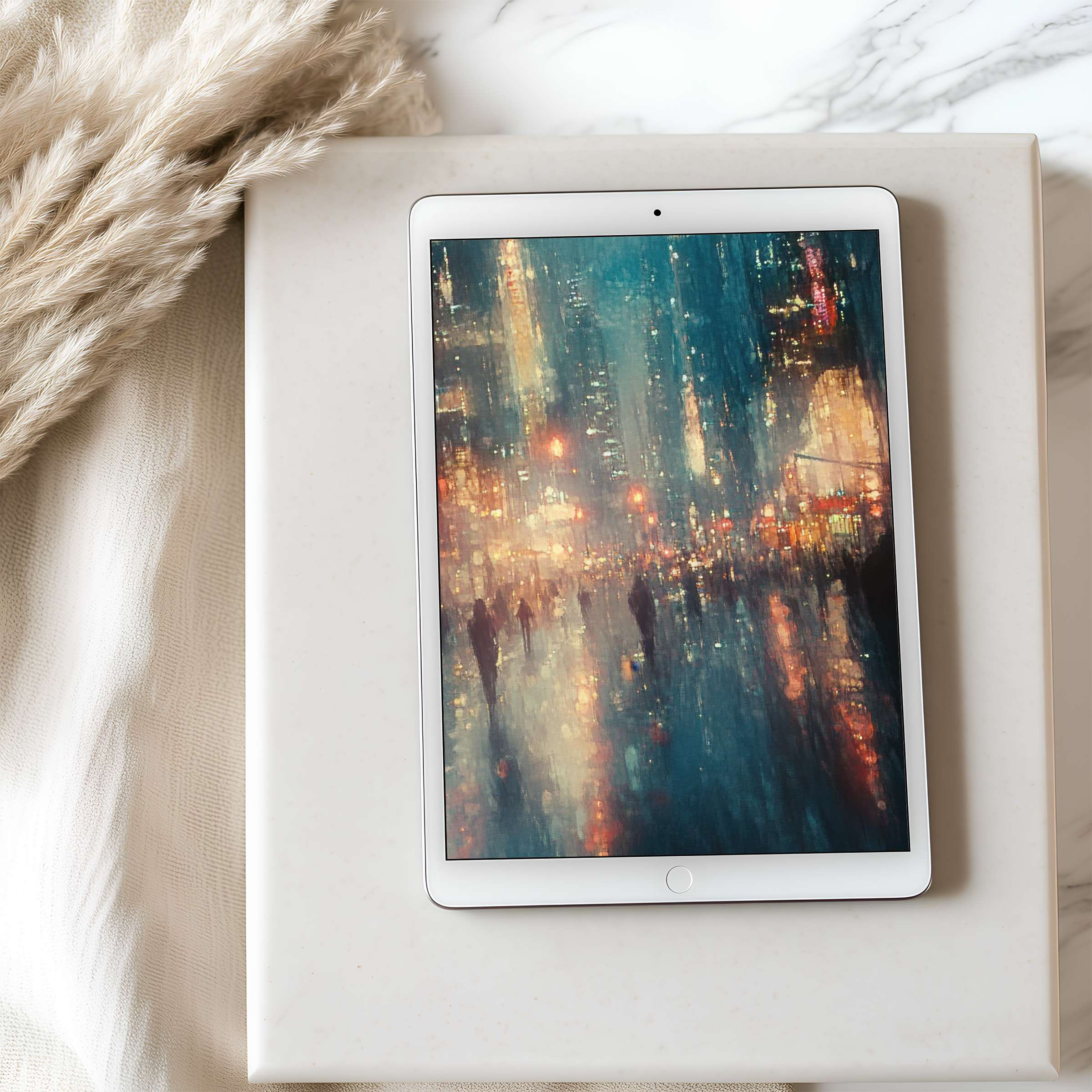 Elegant abstract cityscape tablet wallpaper with rich blues and warm lights high resolution perfect for iPad Android digital download