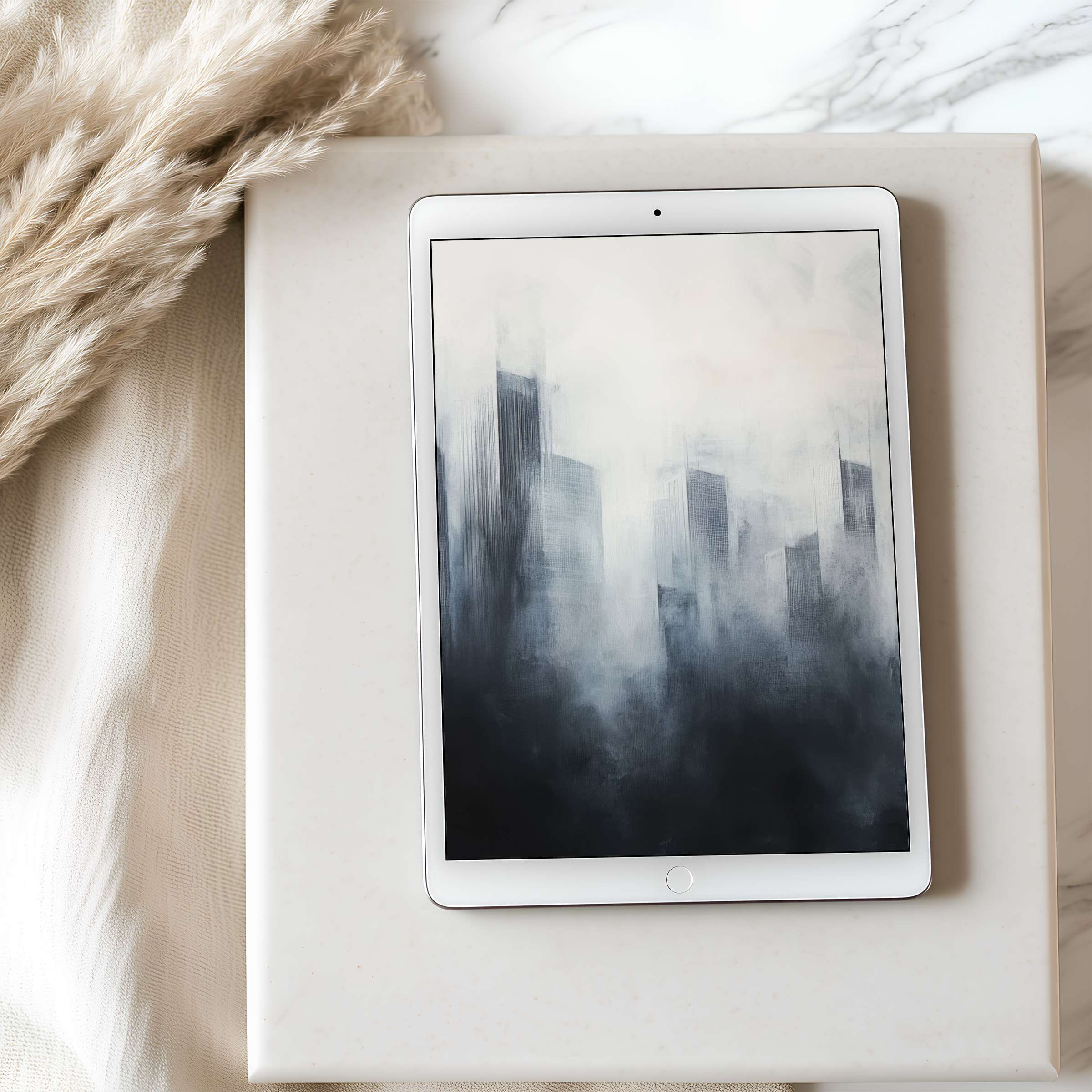 Elegant tablet wallpaper featuring serene abstract skyline art in cool tones, perfect for iPad and Android tablets digital download