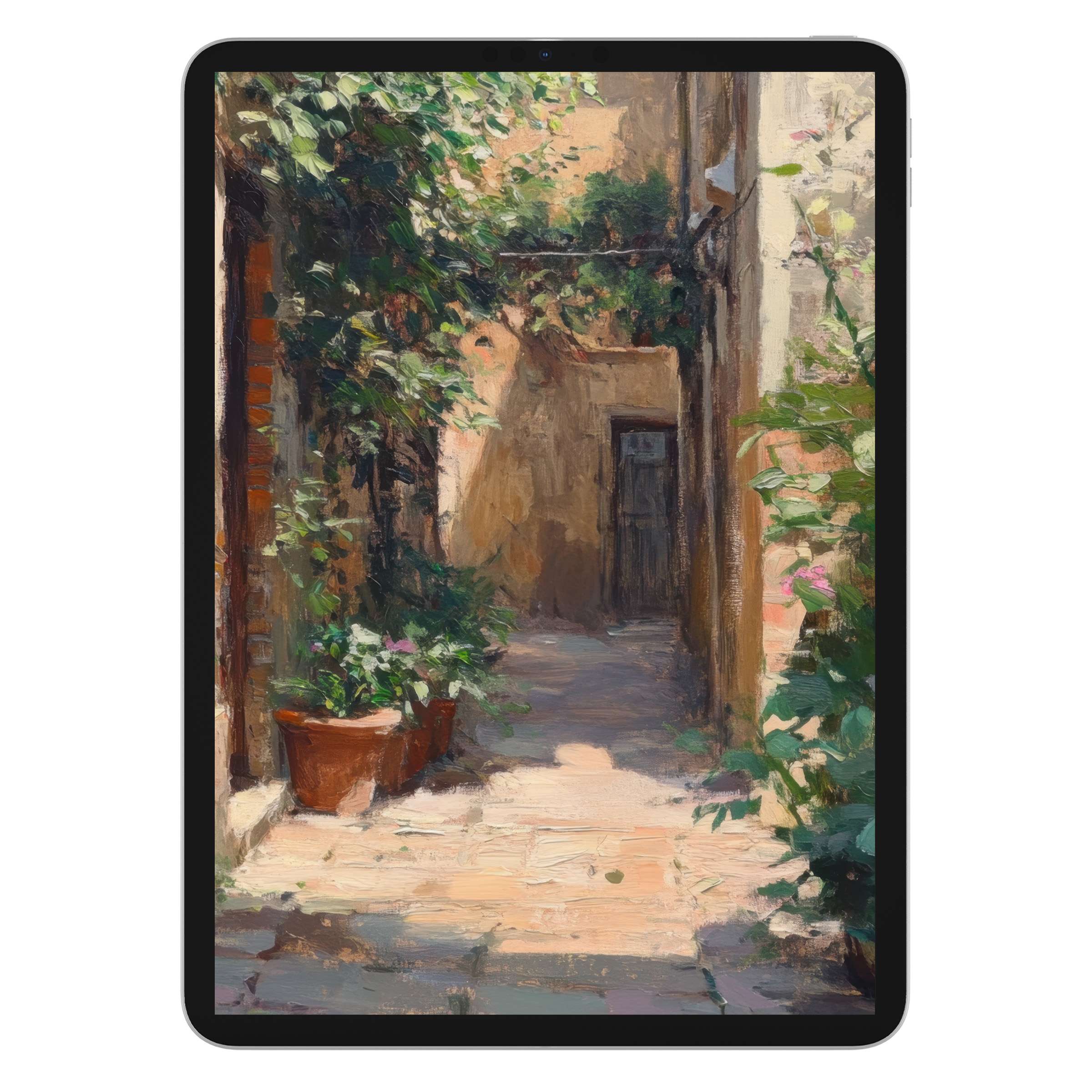 Urban art iPad wallpaper with tranquil sunlit alley, lush greenery, digital download for tablet background, serene experience