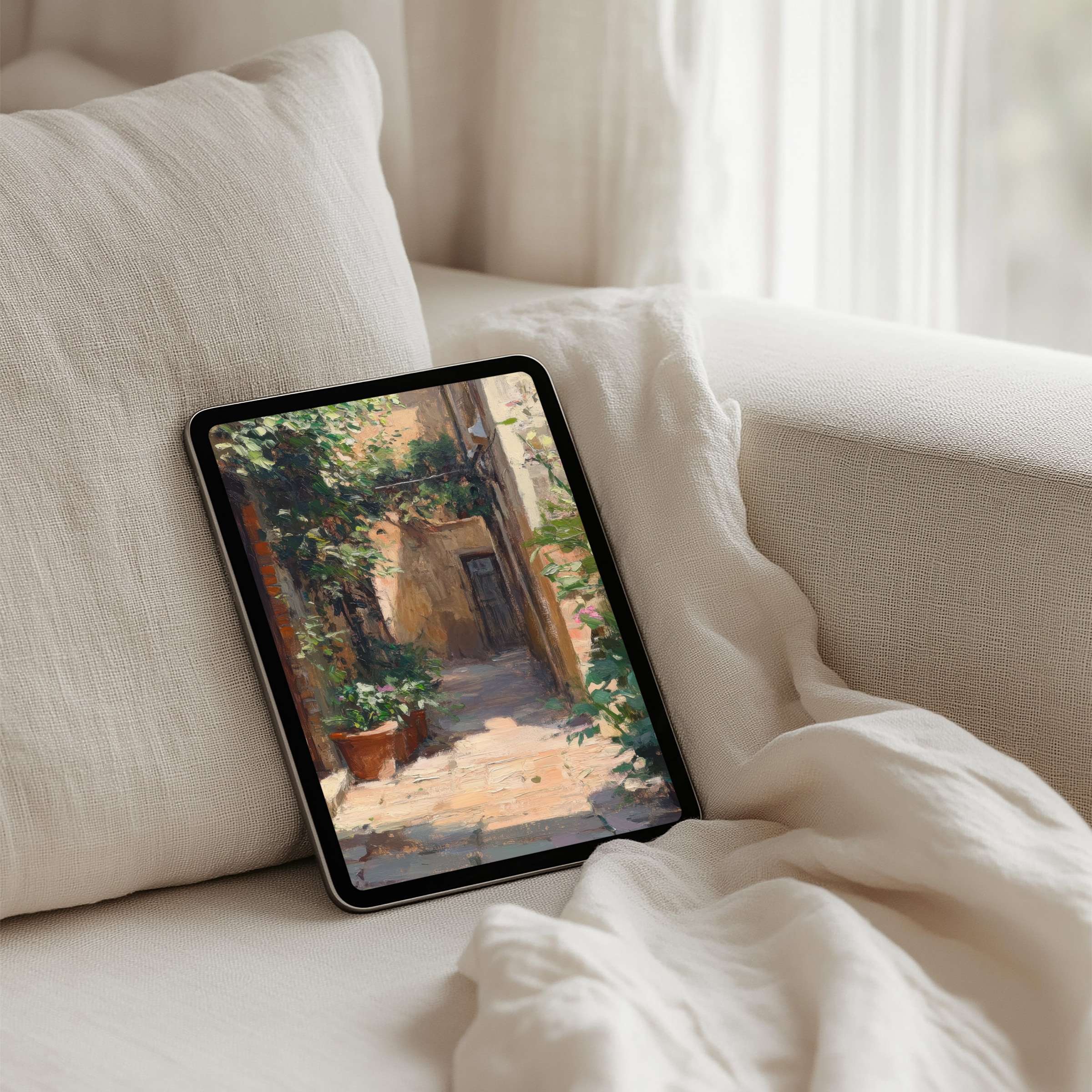 Elegant iPad background showcasing a serene alleyway painting available for instant download; perfect for tablet users seeking calm inspiration