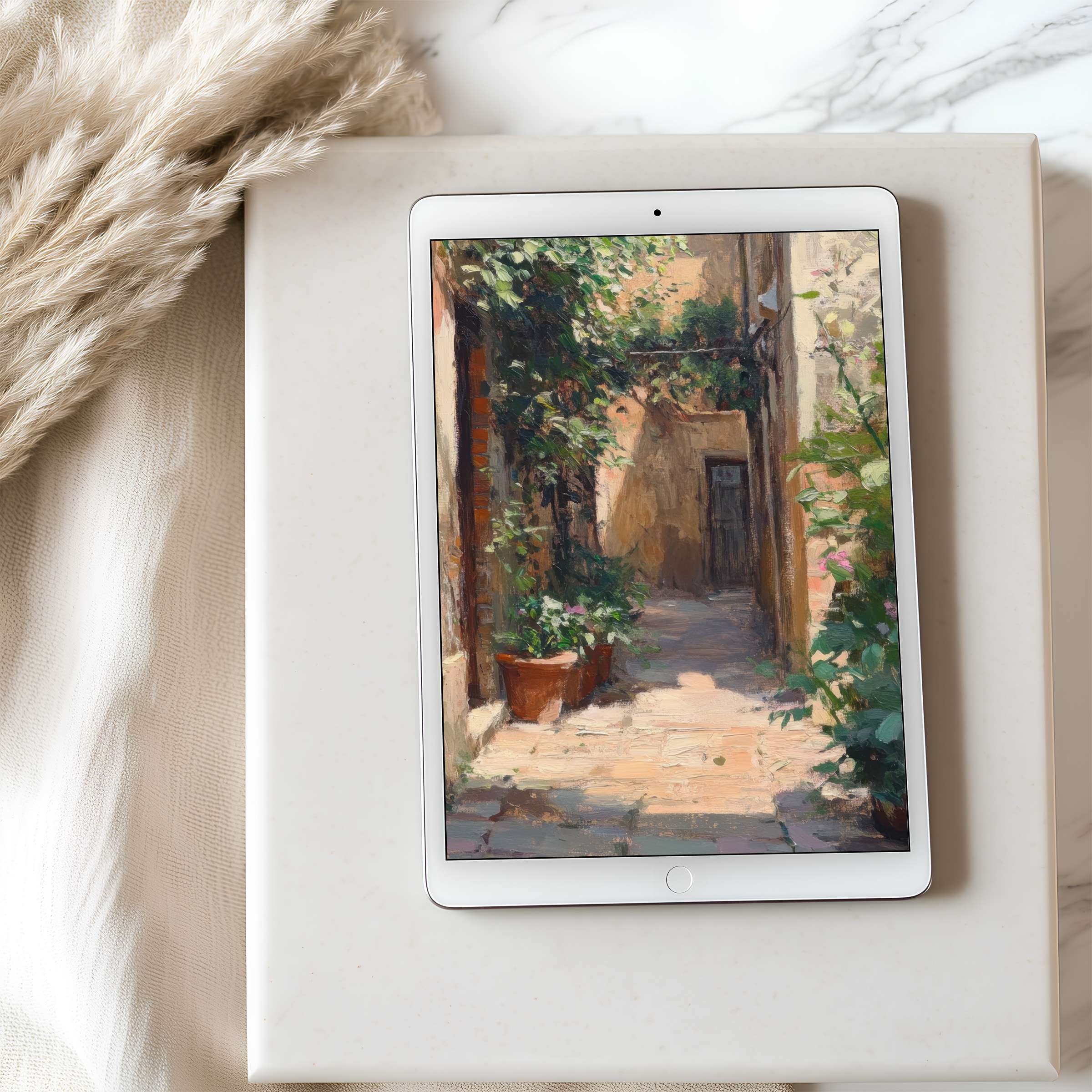 Serene tablet wallpaper featuring a lush, sunlit alleyway painting, perfect for high-resolution iPad downloads, elevating your space