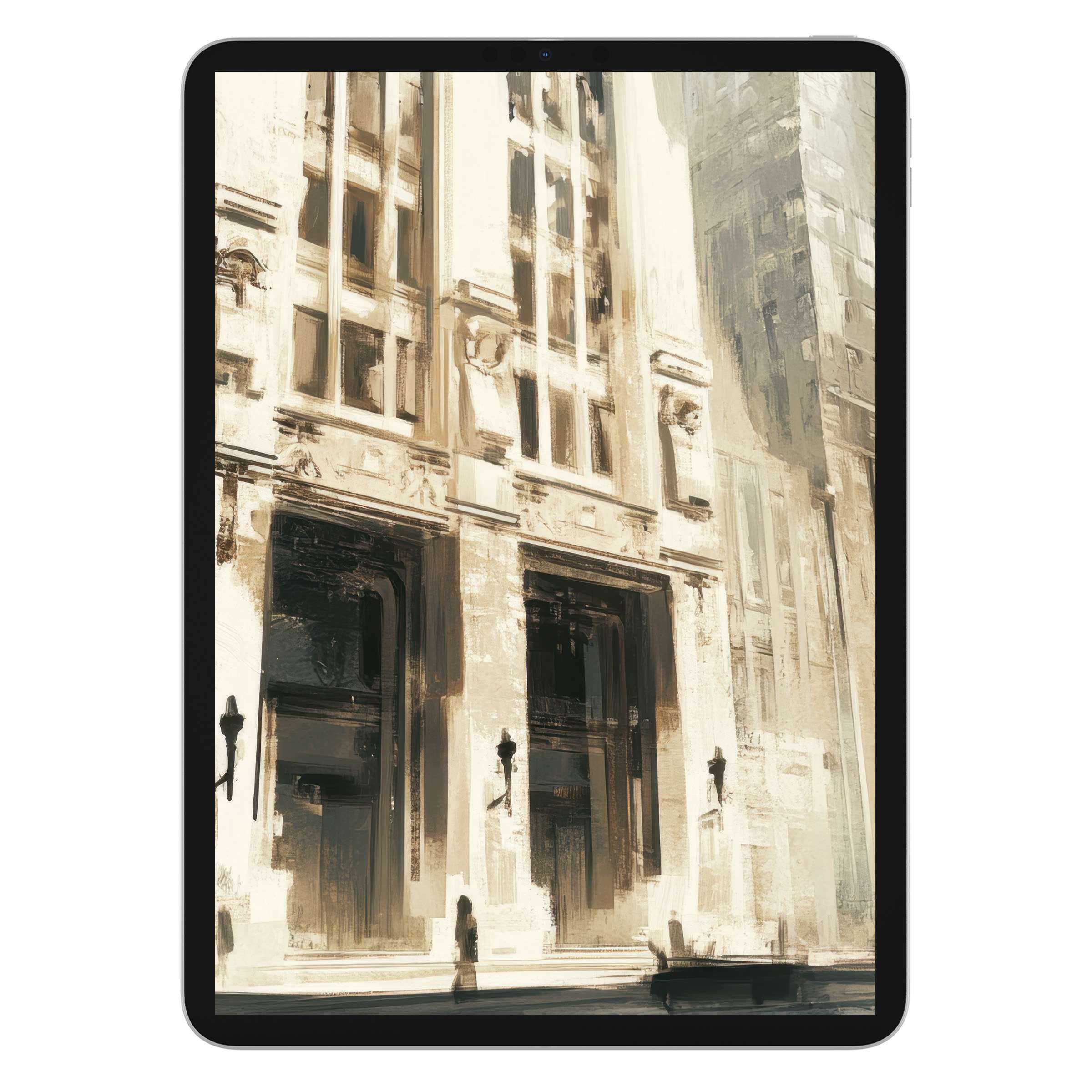 Urban art iPad wallpaper features muted architectural textures and tranquil tones, perfect tablet background for a calming digital download