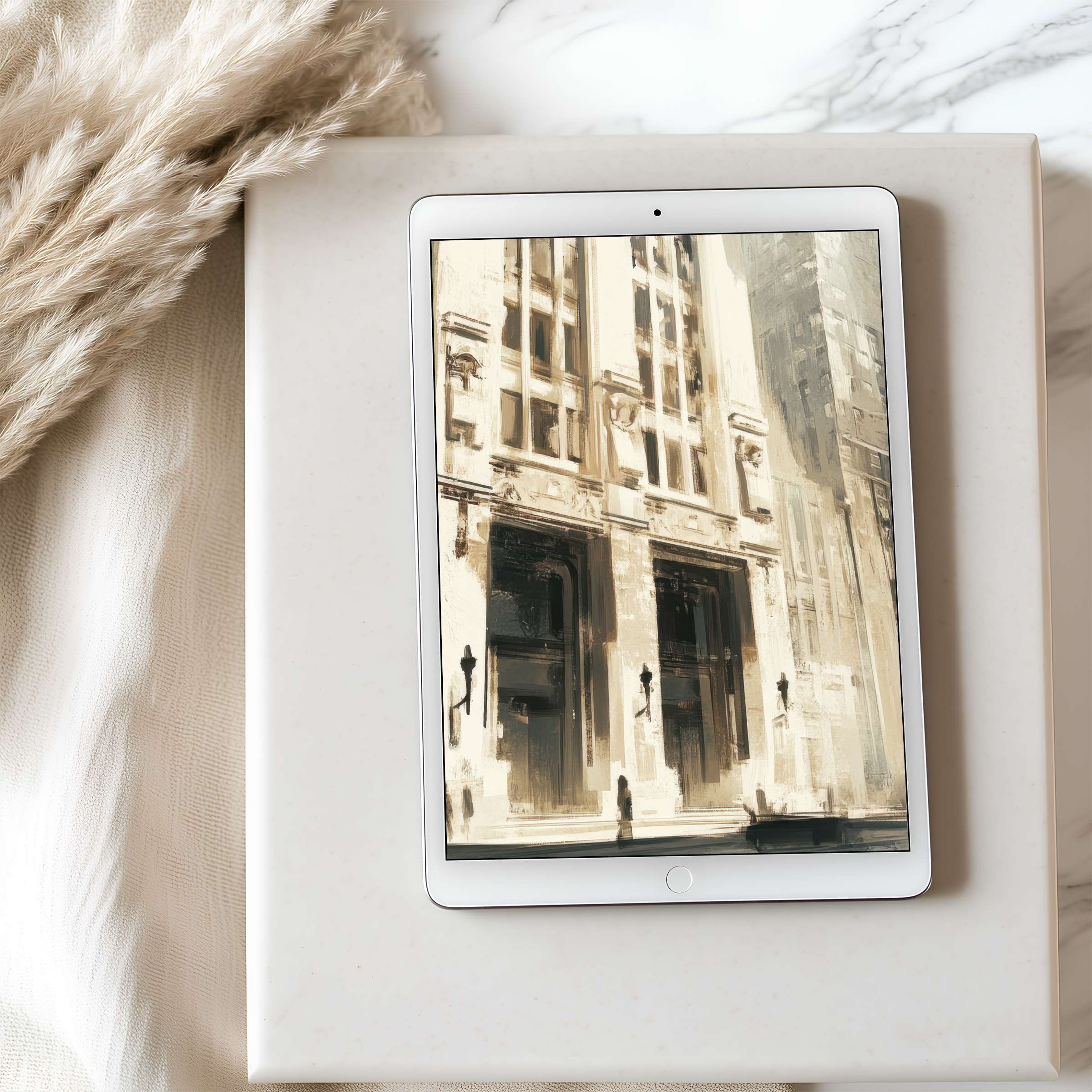 Elegant architecture painting on tablet wallpaper blends sepia tones beautifully, offering a curated high-resolution digital download for iPad