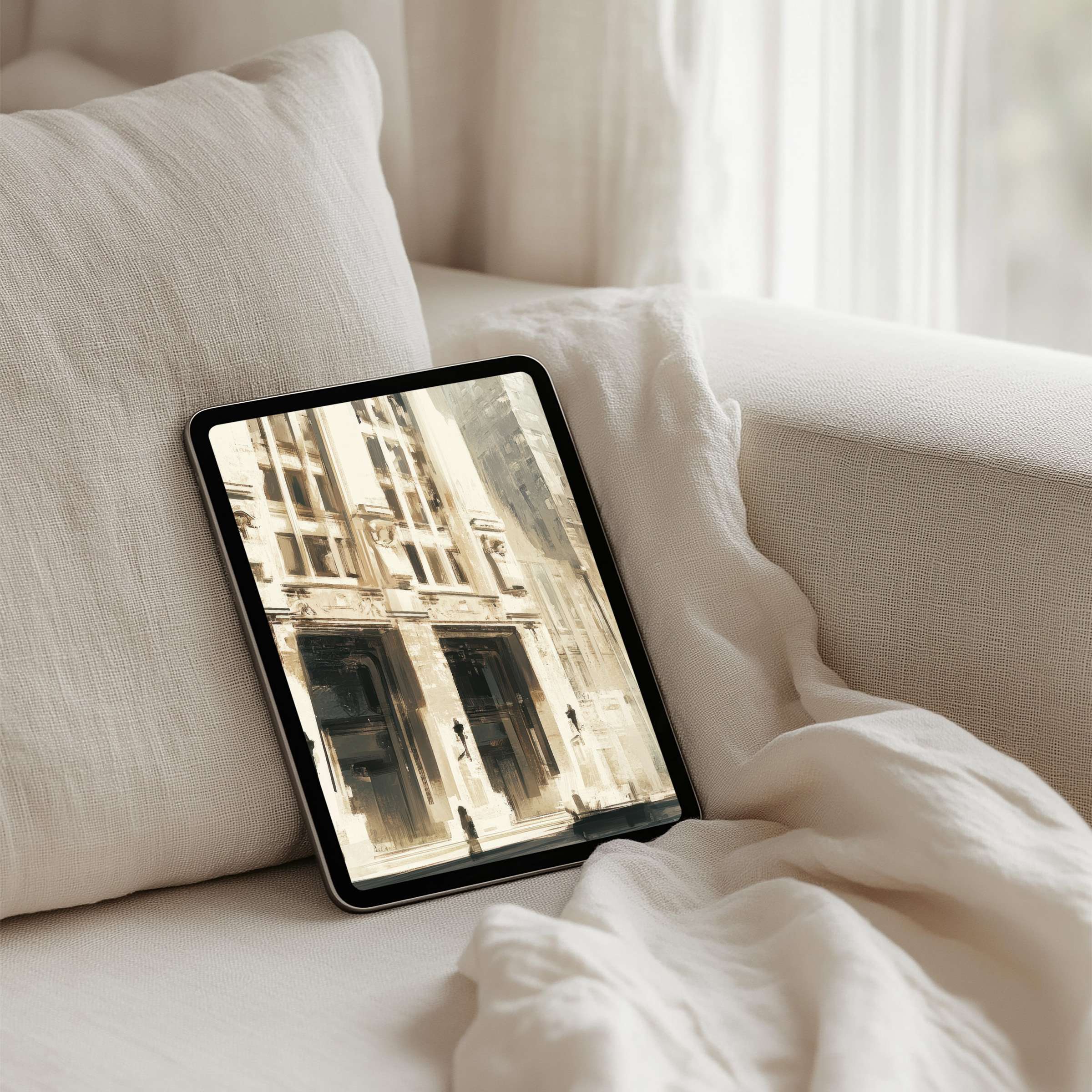 Elegant iPad background with serene urban illustration in soft beige hues, instant download for any tablet, inspiring calm design