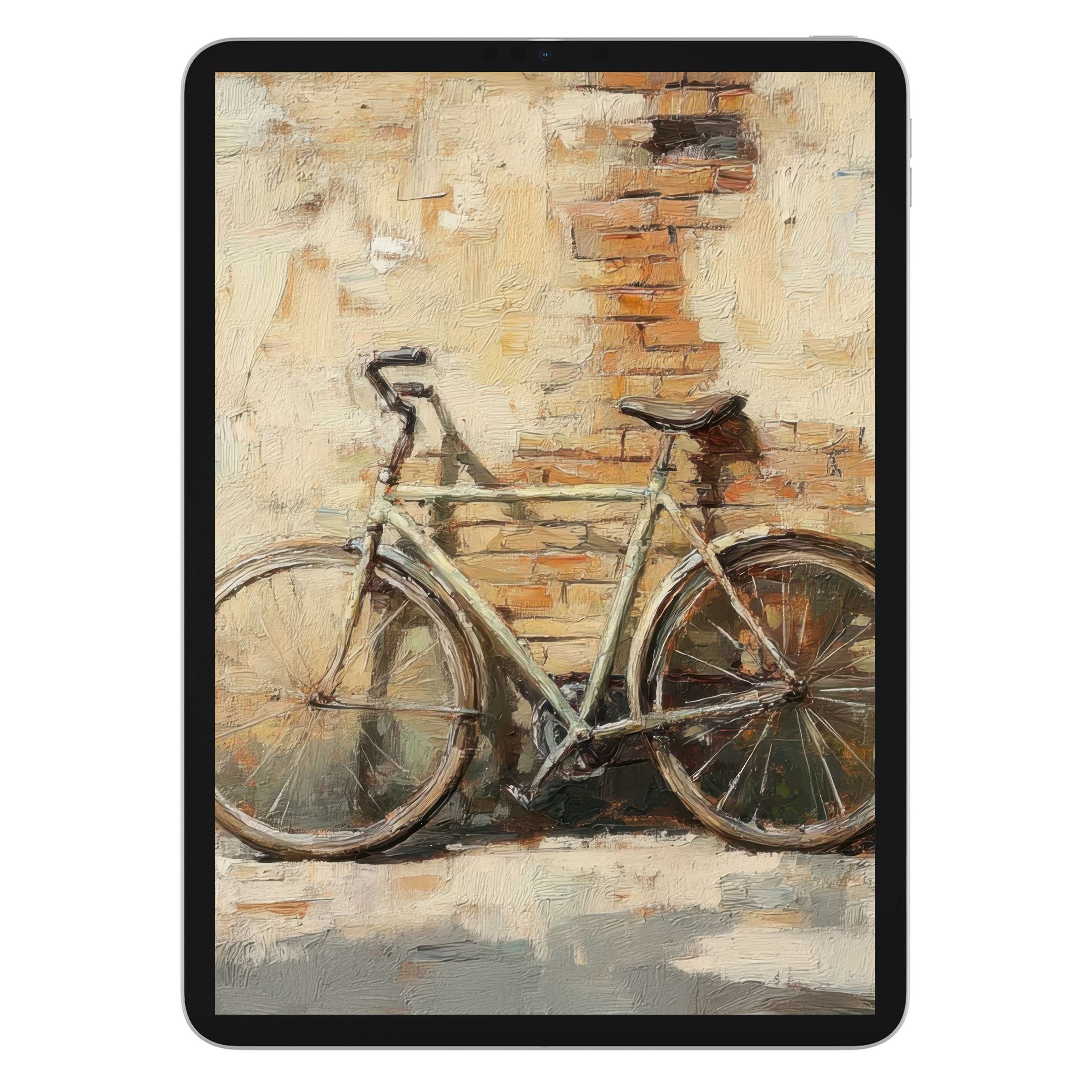 Urban art iPad wallpaper featuring a rustic bicycle against textured brick wall background digital download for tablets and Android devices