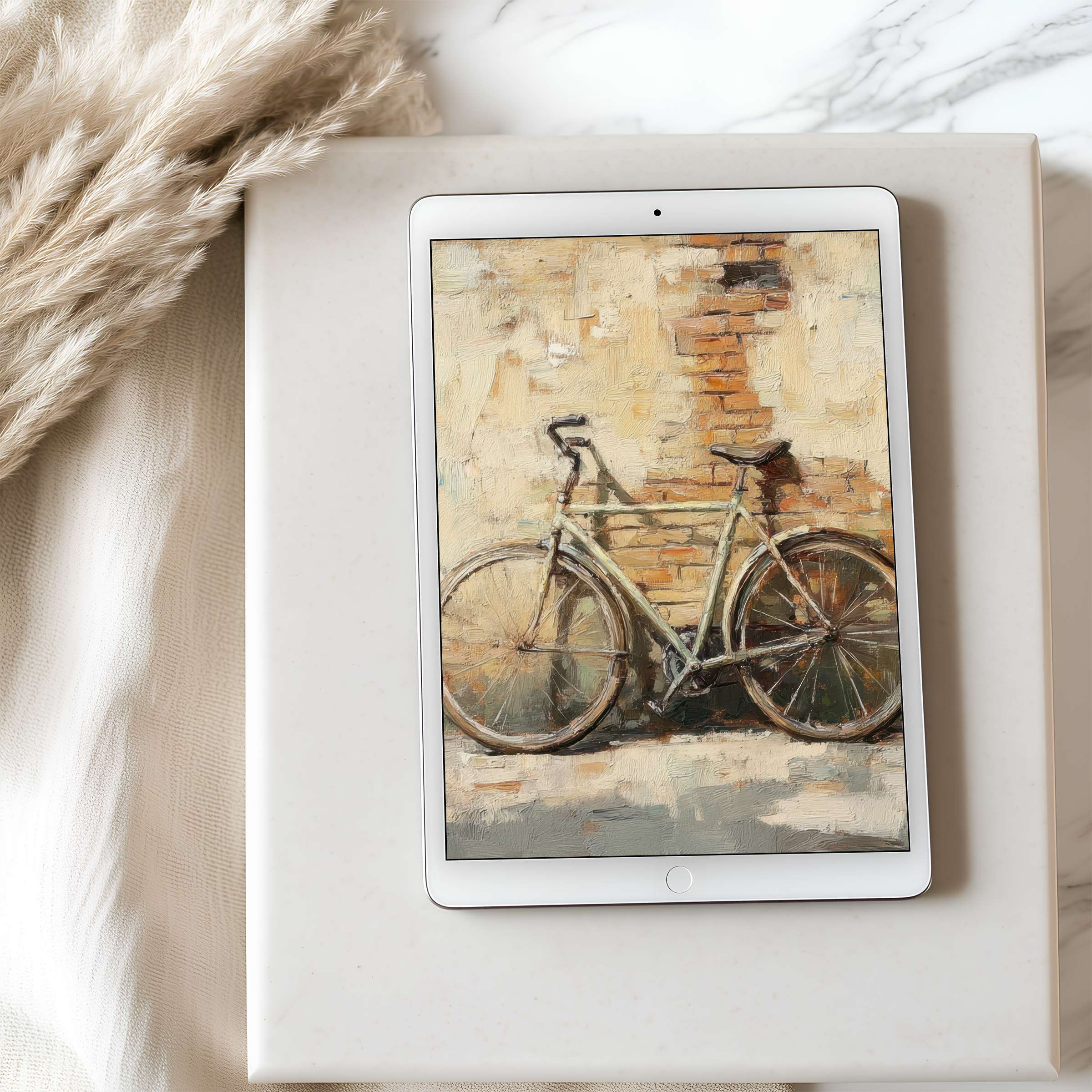 Elegant vintage bicycle artwork creates a serene tablet wallpaper for iPad and Android, offering high resolution digital download