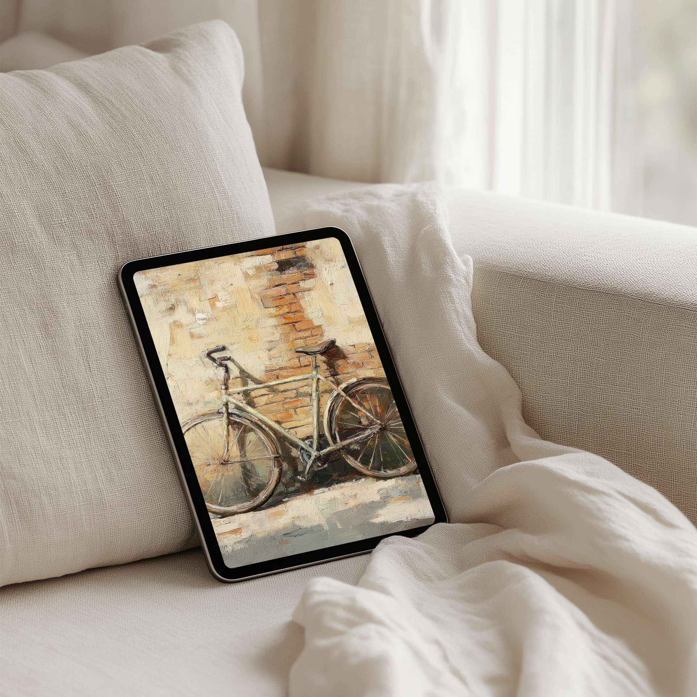 Elegant abstract bicycle painting on iPad background for instant download creates a calming vibe on your tablet screens