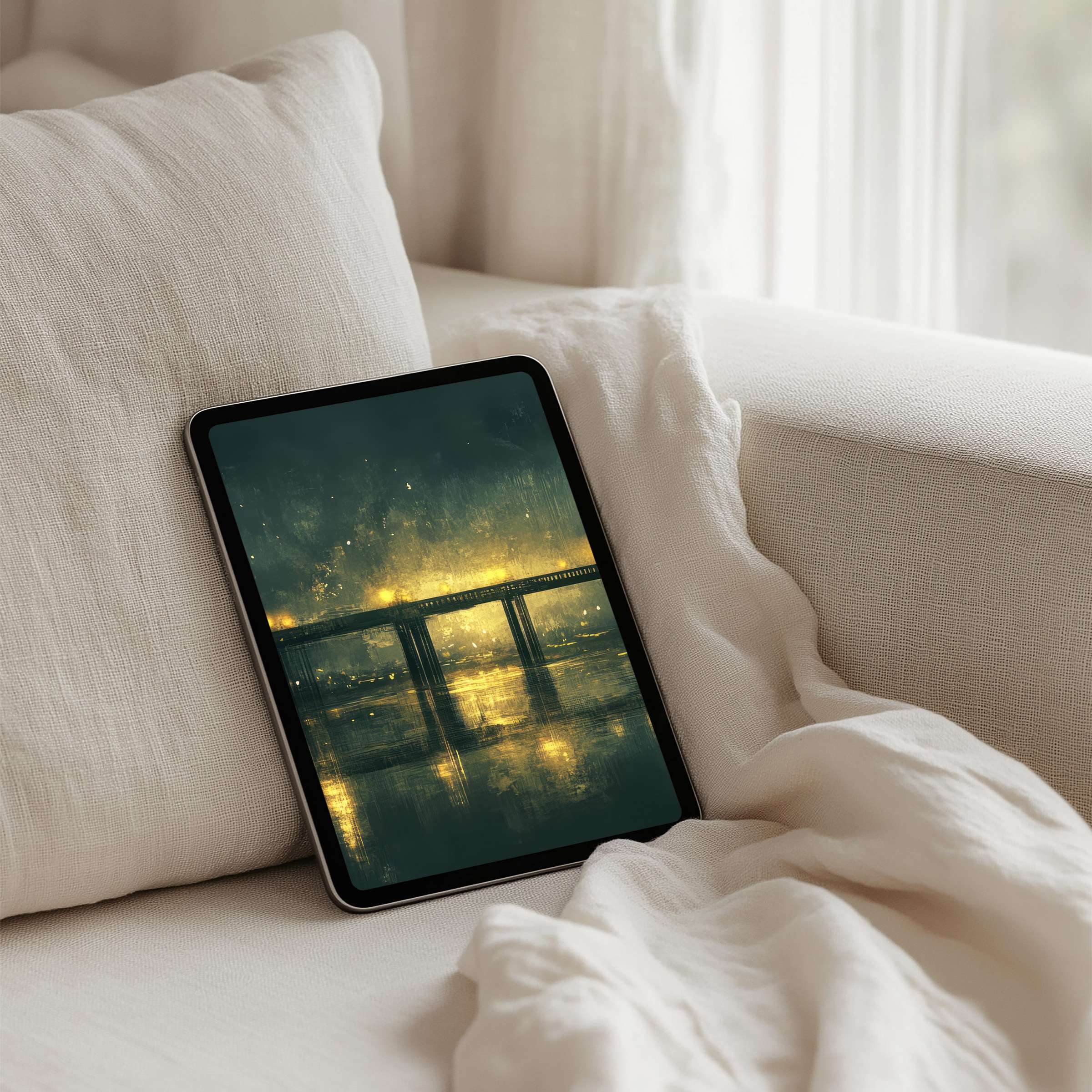Calm evening bridge scene on iPad background evokes mindfulness and elegance with instant download for any tablet device