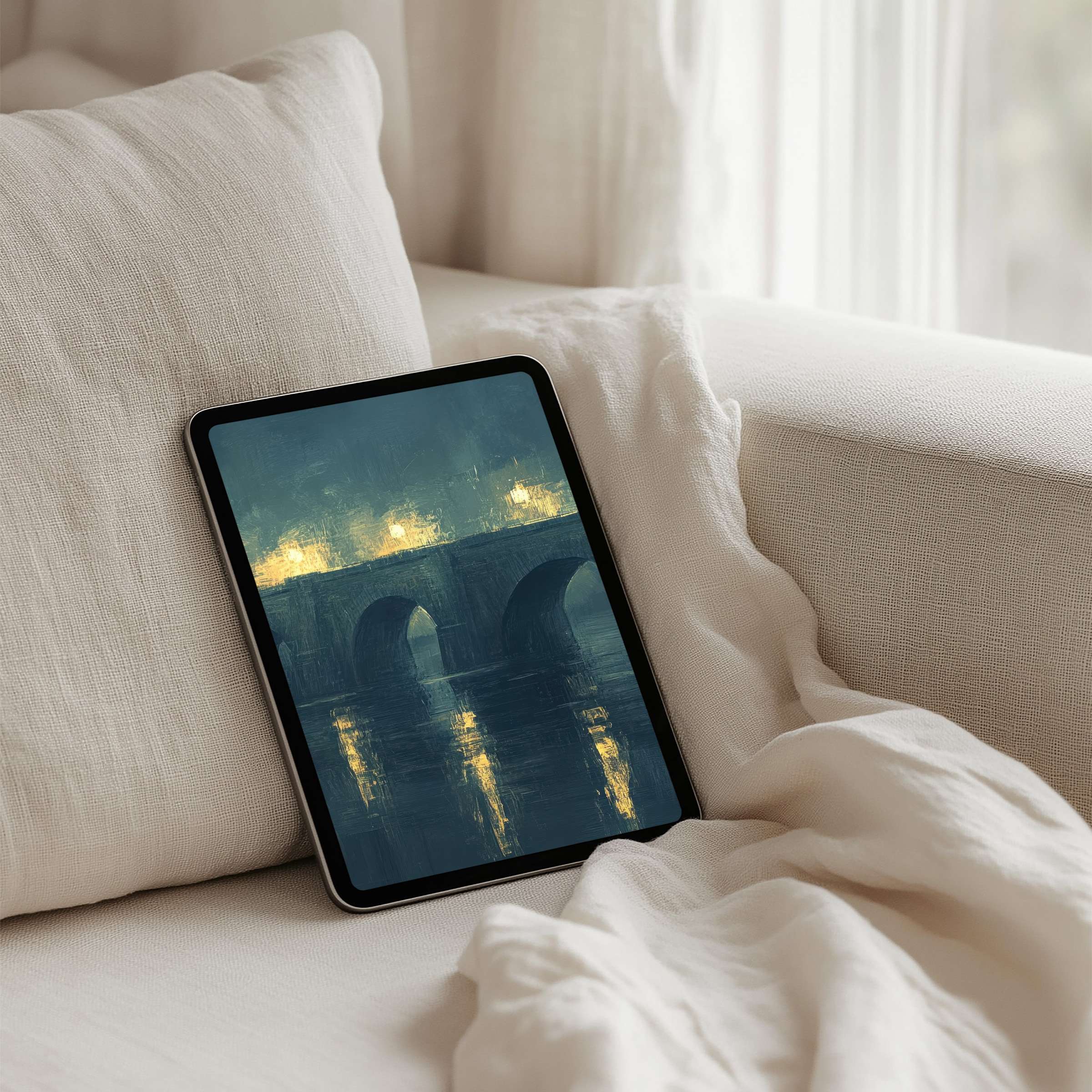 Elegant digital painting of a bridge at night offers a calm iPad background for mindful living instant download for tablet use