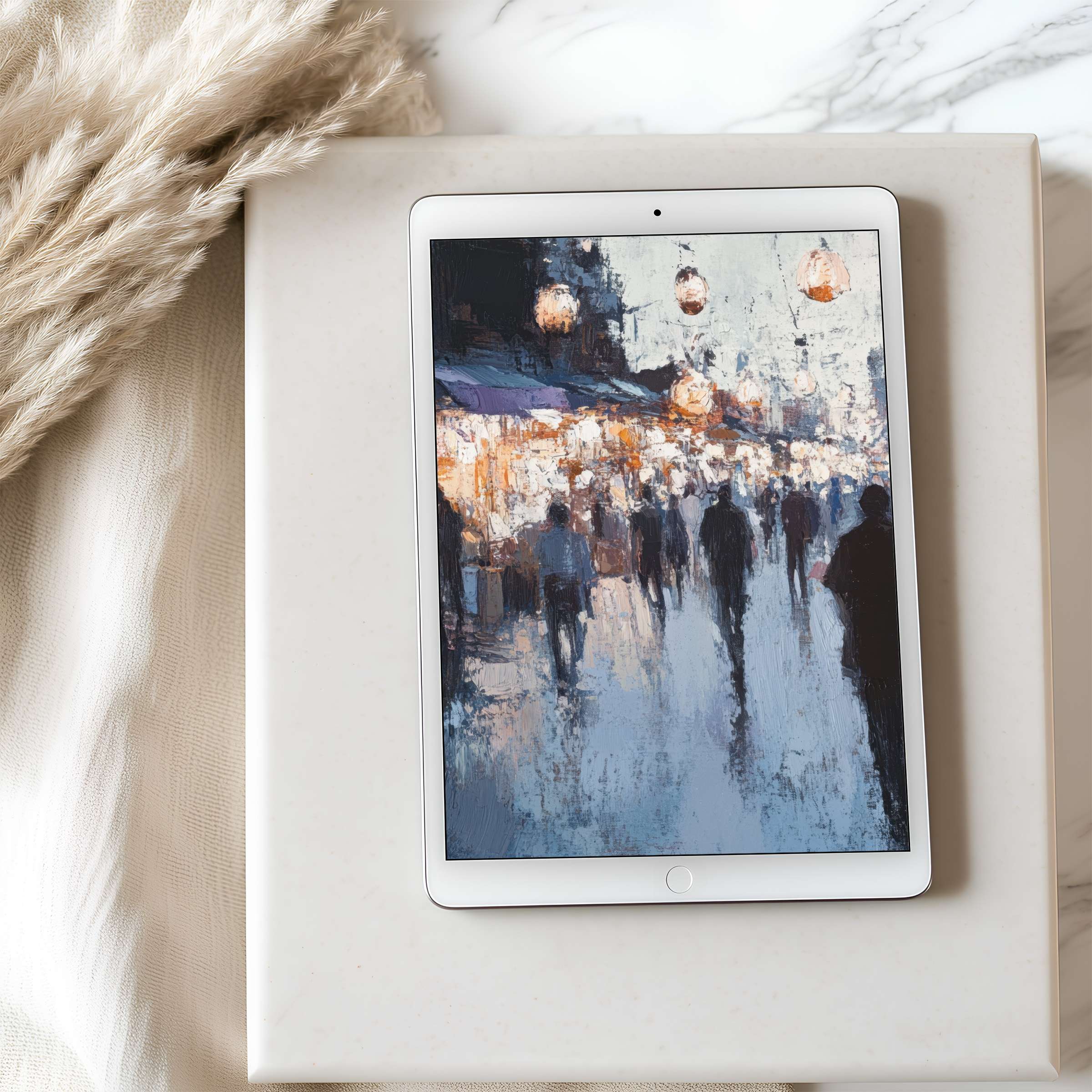 Elegant abstract tablet wallpaper featuring blurred city night scene in soothing tones, perfect high resolution fit for digital download