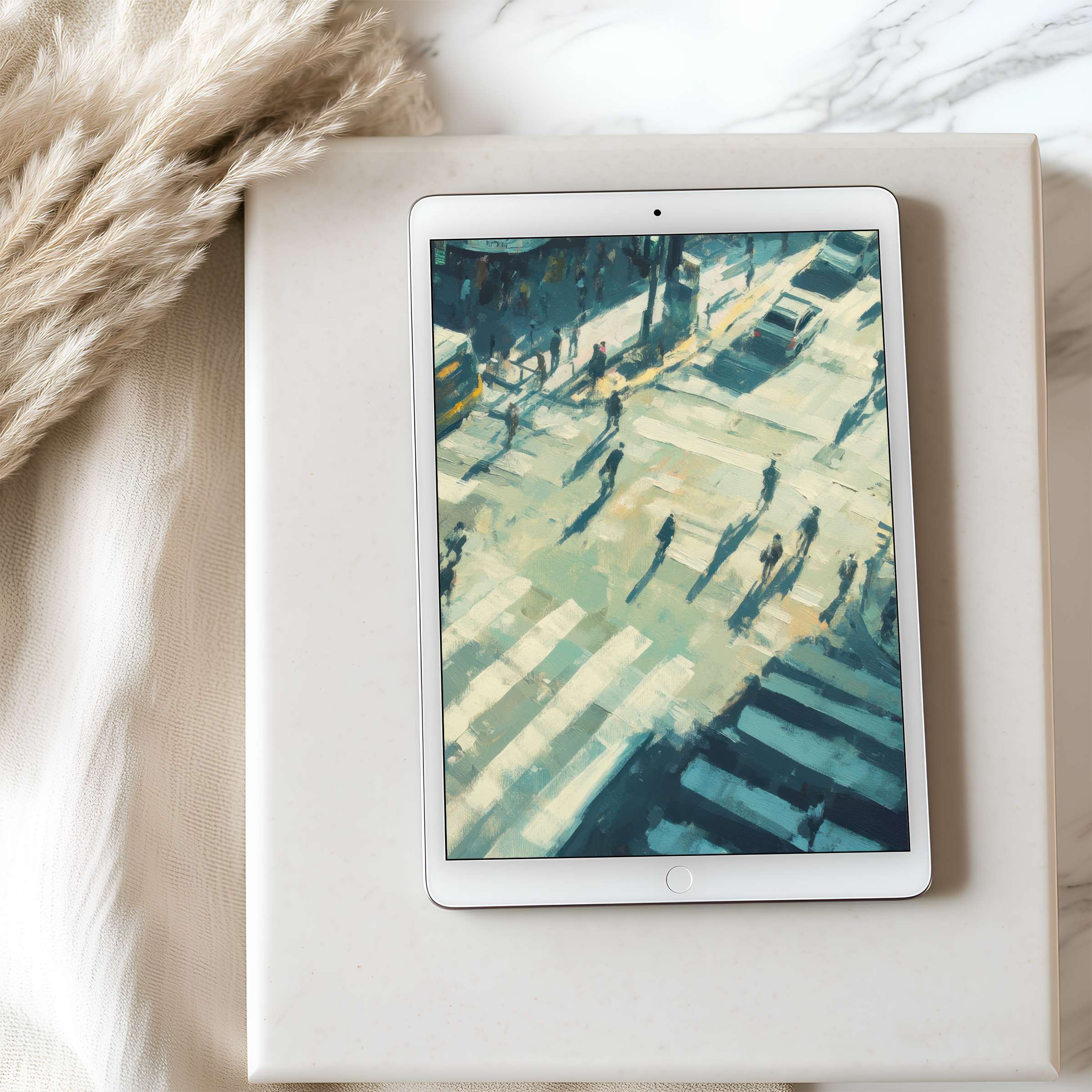 Elegant tablet wallpaper featuring impressionist cityscape in calming blues and creams perfect for high resolution iPad or Android devices