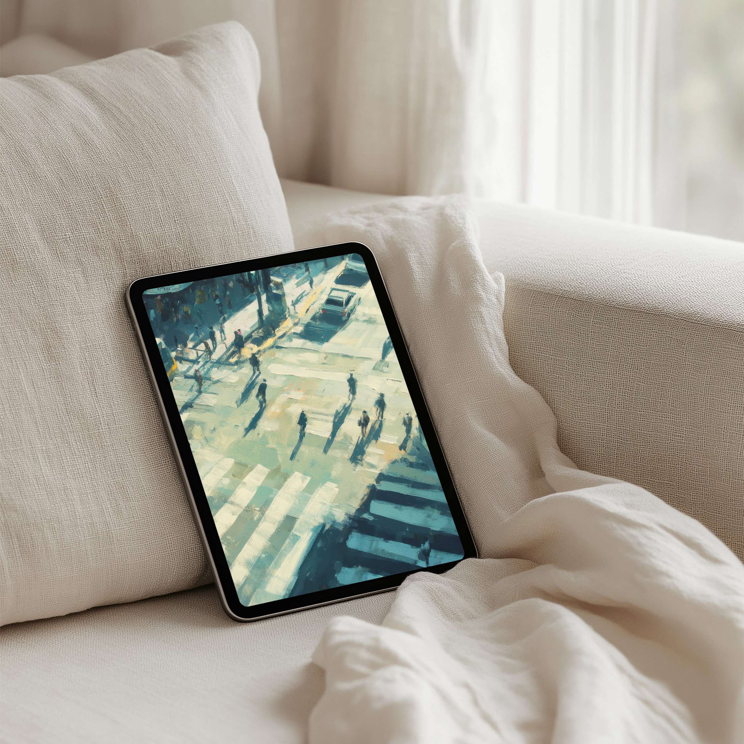 Elegant watercolor cityscape iPad background offering instant download for tablets inspires calm and mindfulness in serene interiors