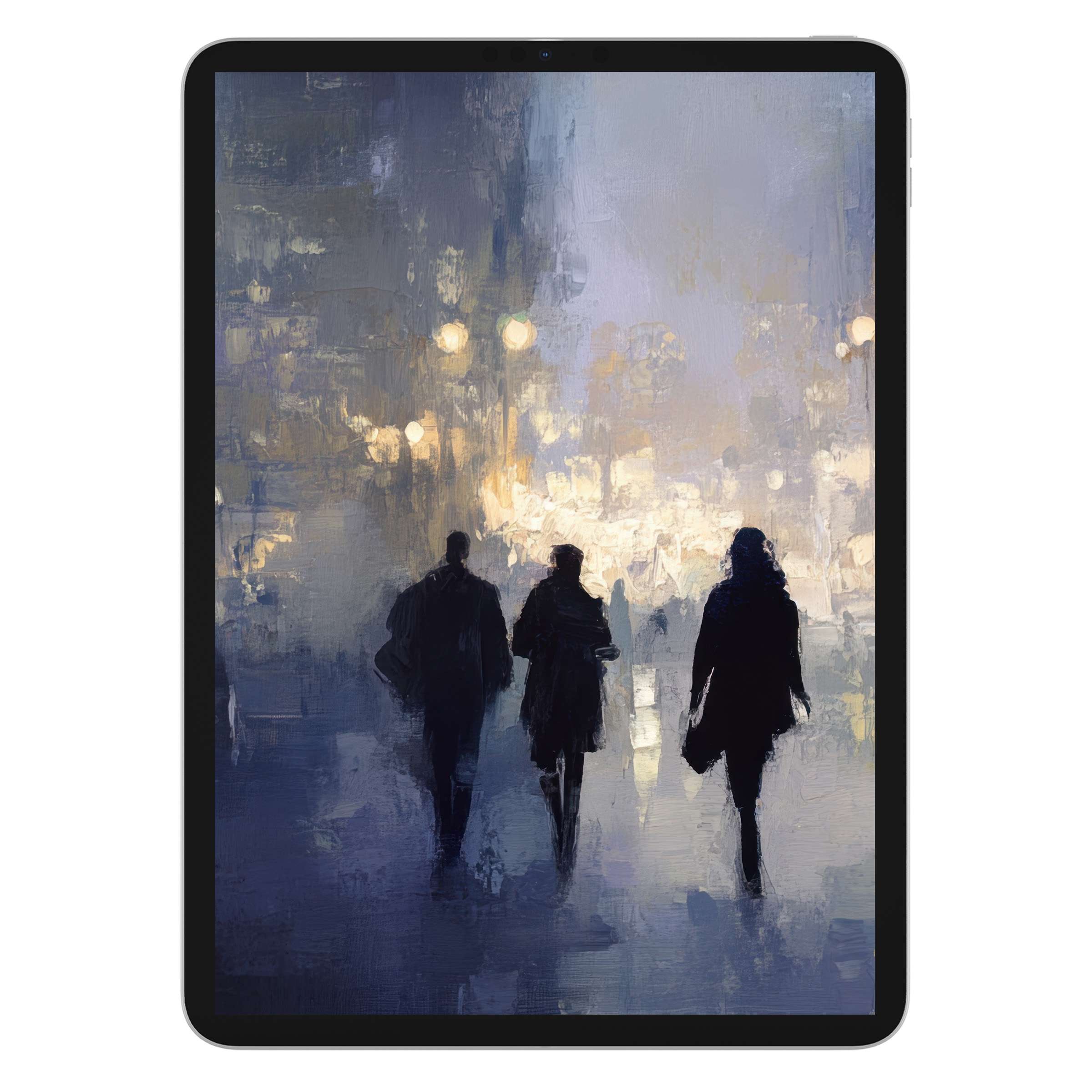 Urban art iPad wallpaper with serene cityscape, misty silhouettes, and soft lights, perfect digital download for tablet background needs