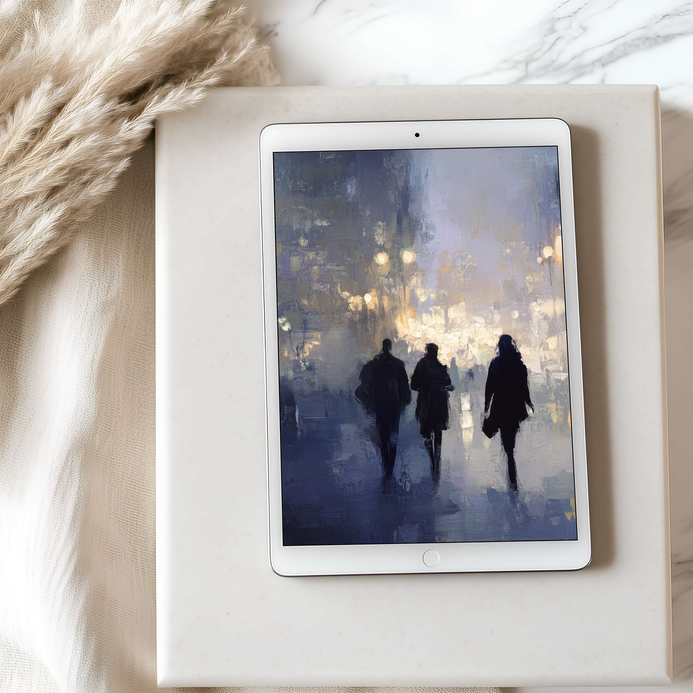 Elegant tablet wallpaper showcasing a serene, impressionist cityscape in cool hues perfect for high resolution iPad and Android downloads