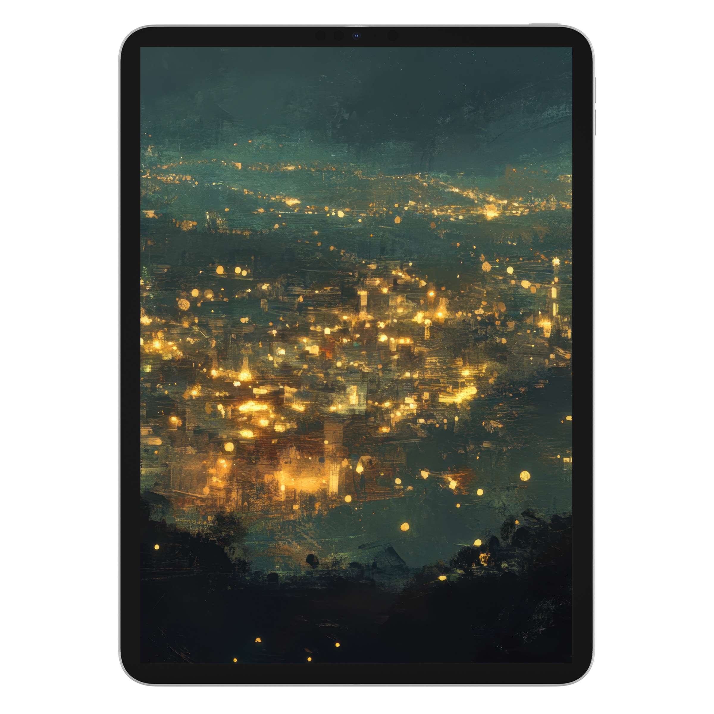 Urban art iPad wallpaper featuring a serene cityscape with warm golden lights, ideal digital download for tablet background use
