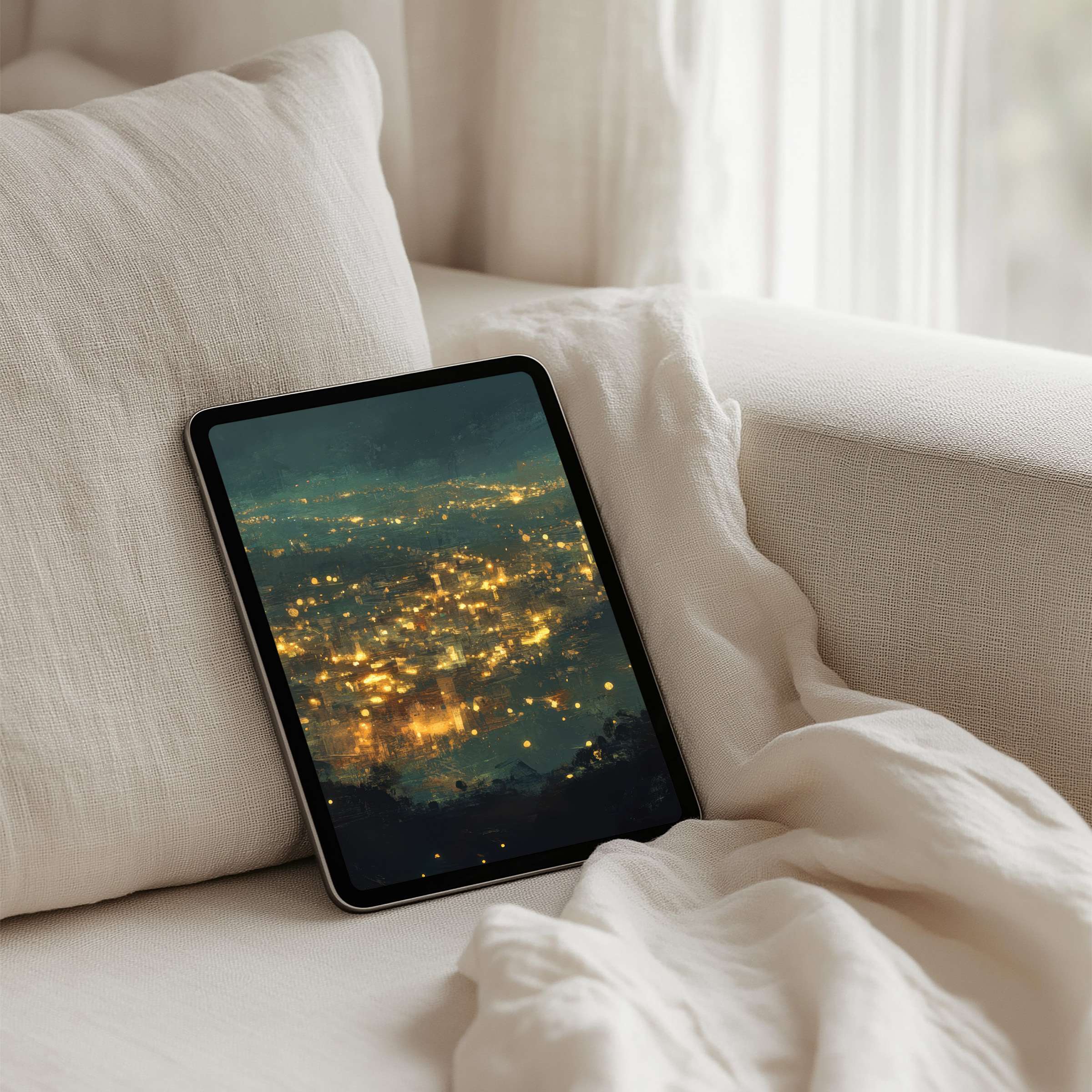 Cozy iPad background featuring serene city lights, perfect for mindful inspiration on your tablet, available for instant download