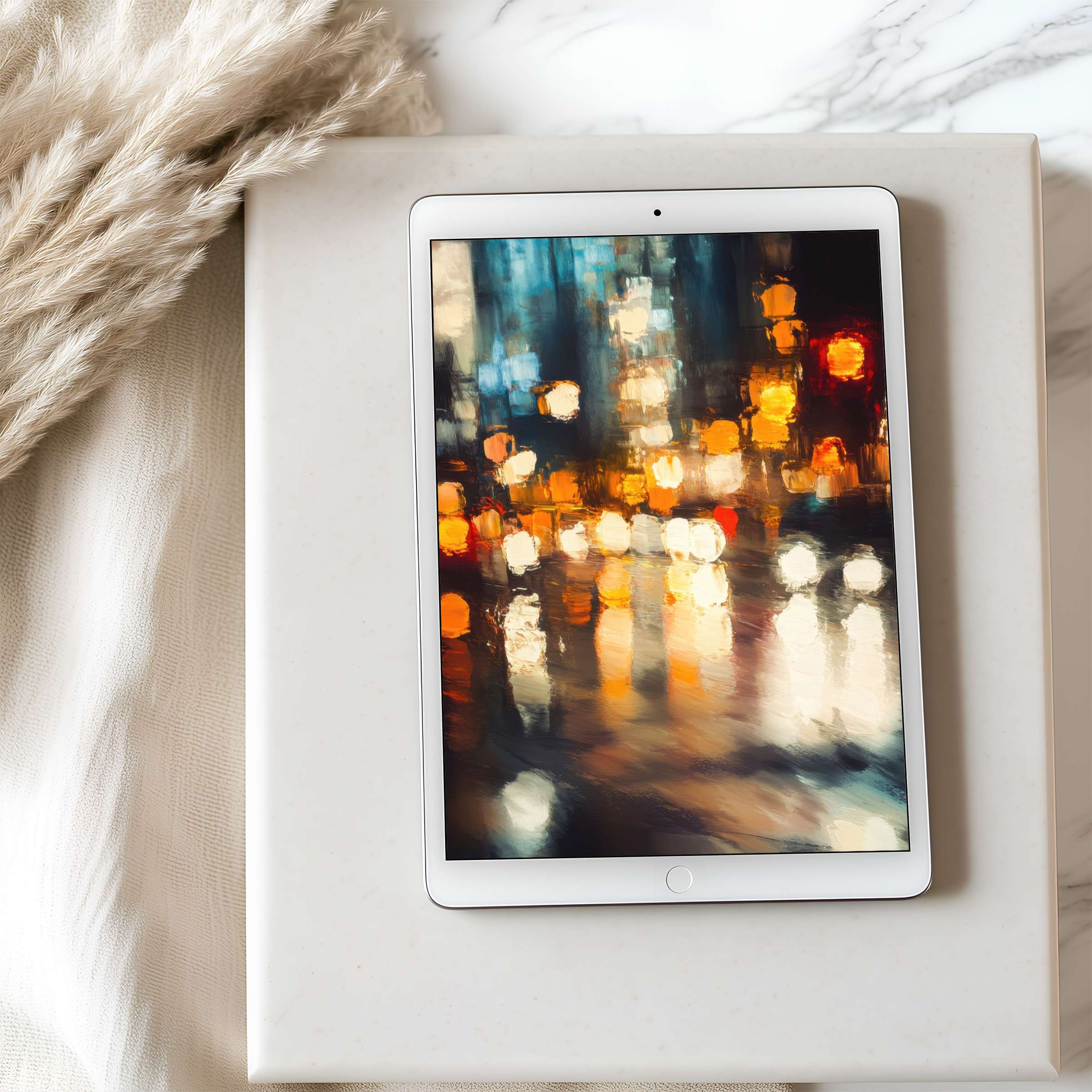 Vibrant abstract tablet wallpaper featuring city lights in high resolution, perfect for iPad and Android tablets, enhancing serene spaces