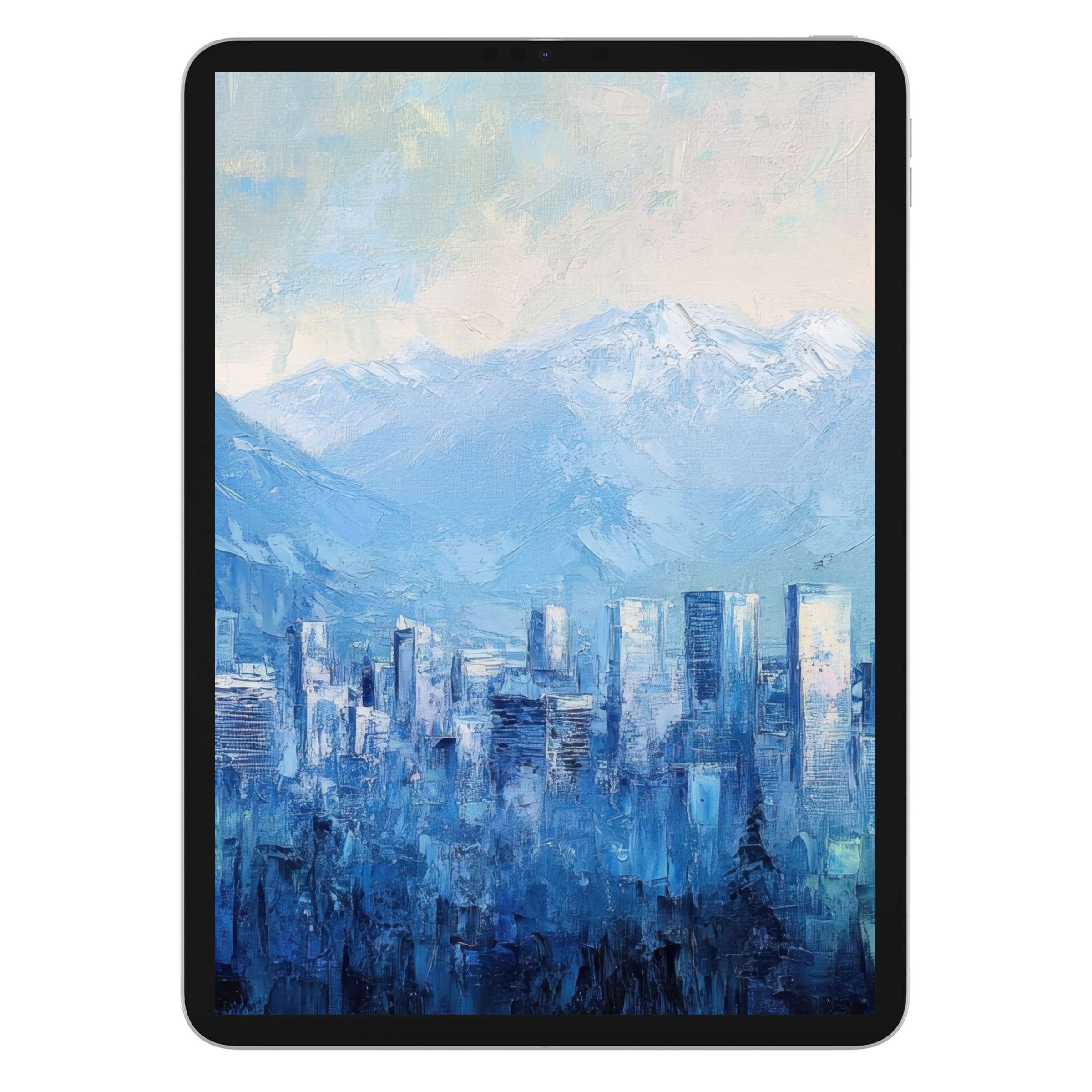 Urban art iPad wallpaper featuring a serene blue cityscape with mountain backdrop for a calm tablet background digital download