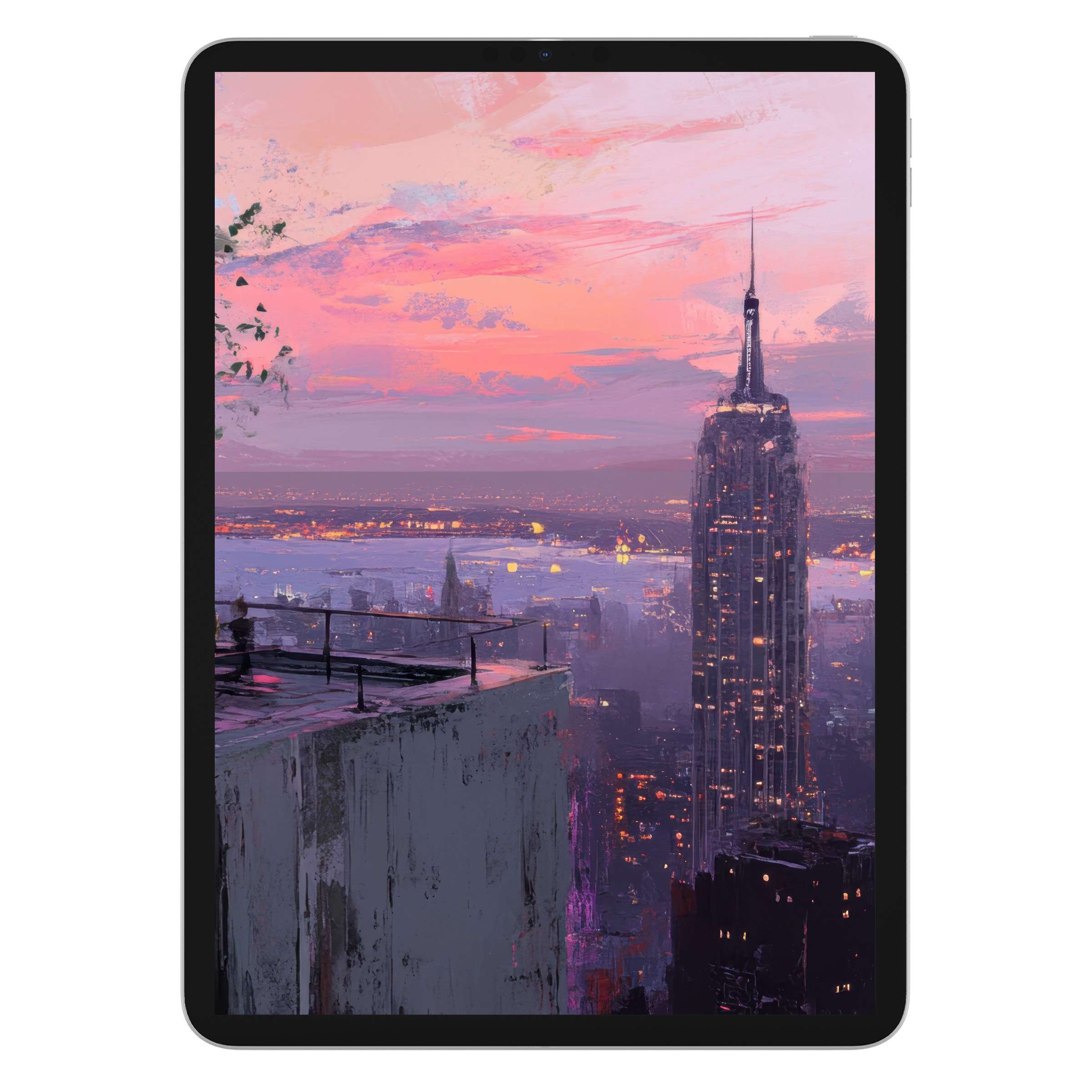 Urban art iPad wallpaper featuring a serene sunset cityscape, perfect digital download for tablet backgrounds with calming elegance