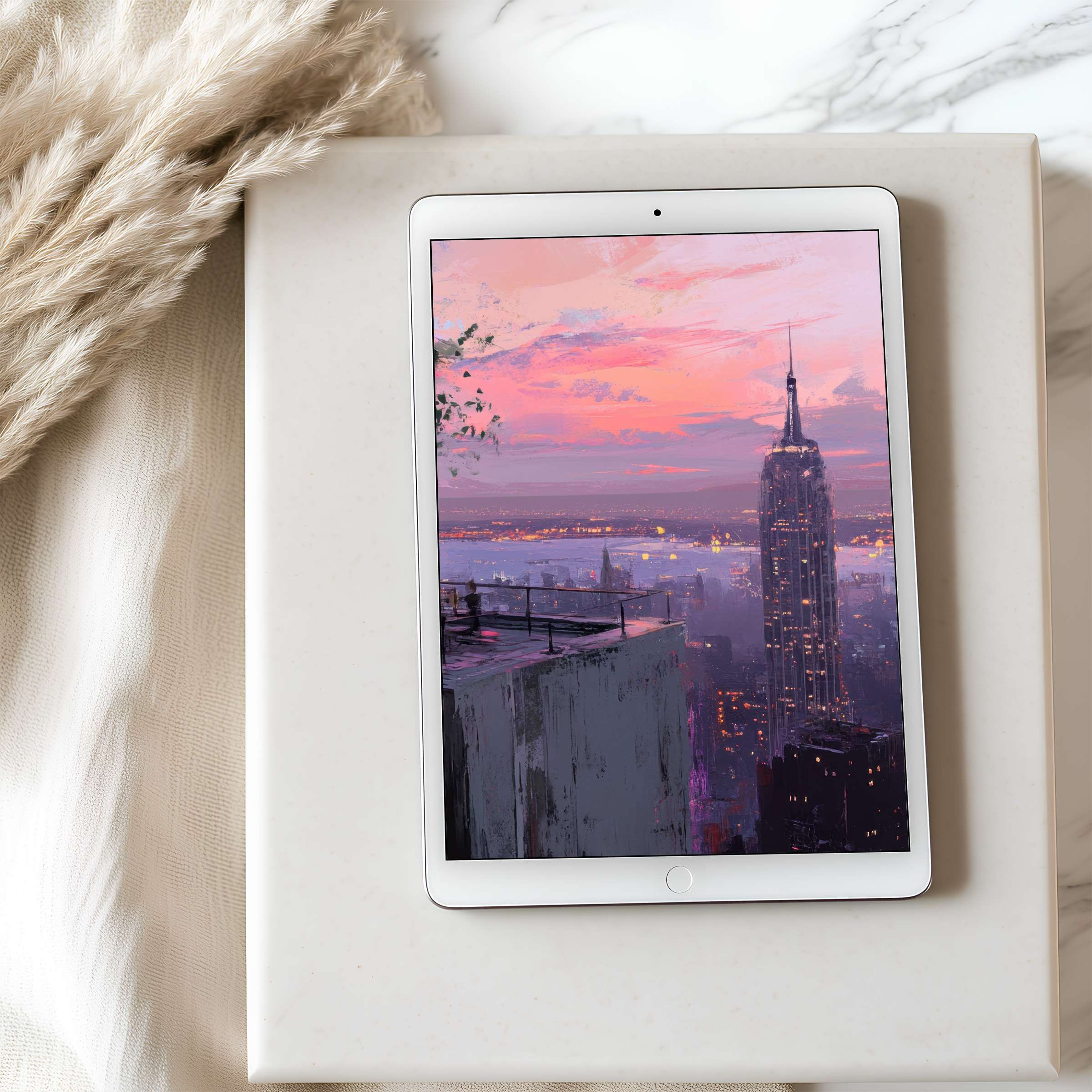 Serene cityscape tablet wallpaper showcasing a vibrant sunset over skyscrapers in calming pastel tones perfect for high-resolution iPad screens