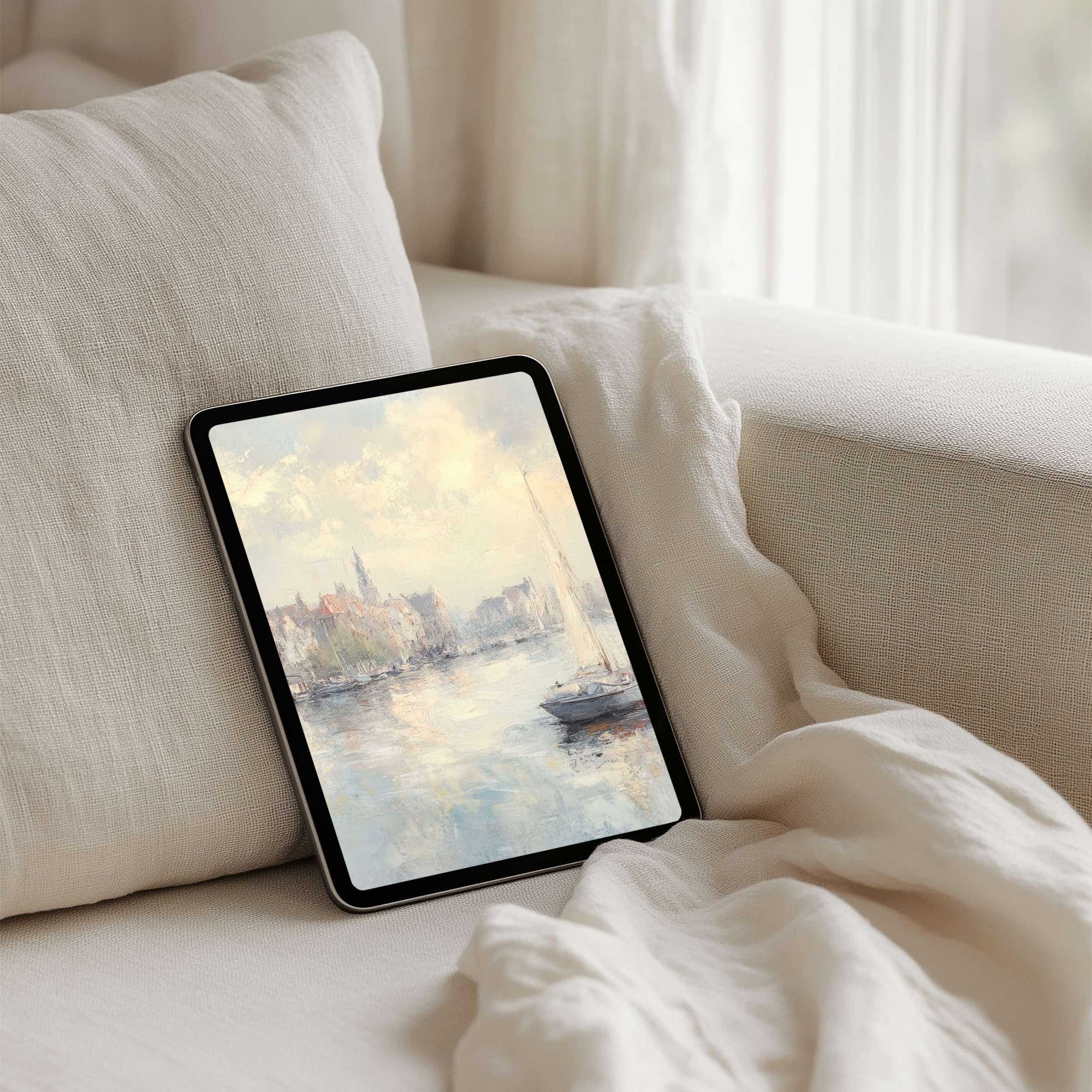 Elegant iPad background featuring serene harbor art in soft pastels for tablet users seeking calm and inspiration through instant download