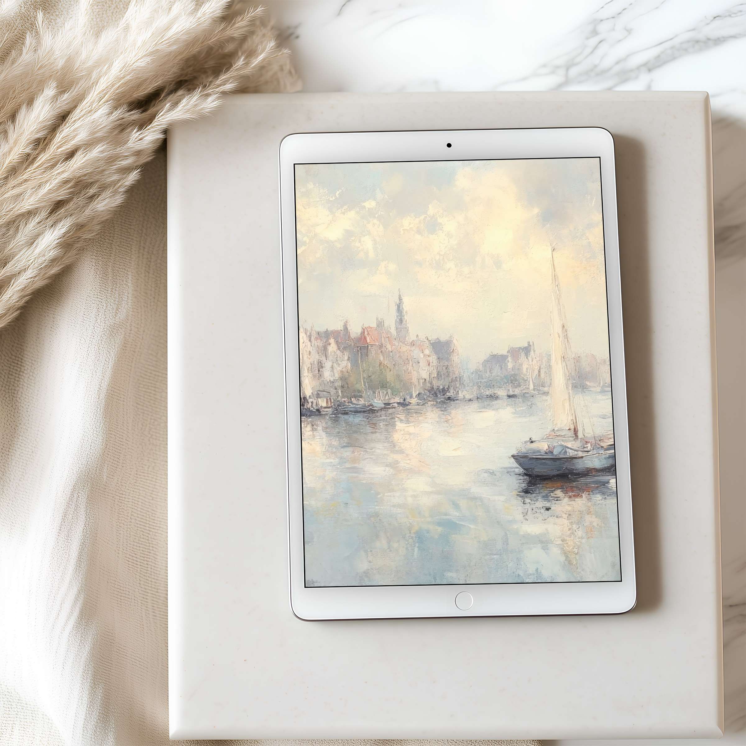 Elegant impressionist tablet wallpaper depicting serene sailboats on tranquil waters in high resolution, perfect for iPad download