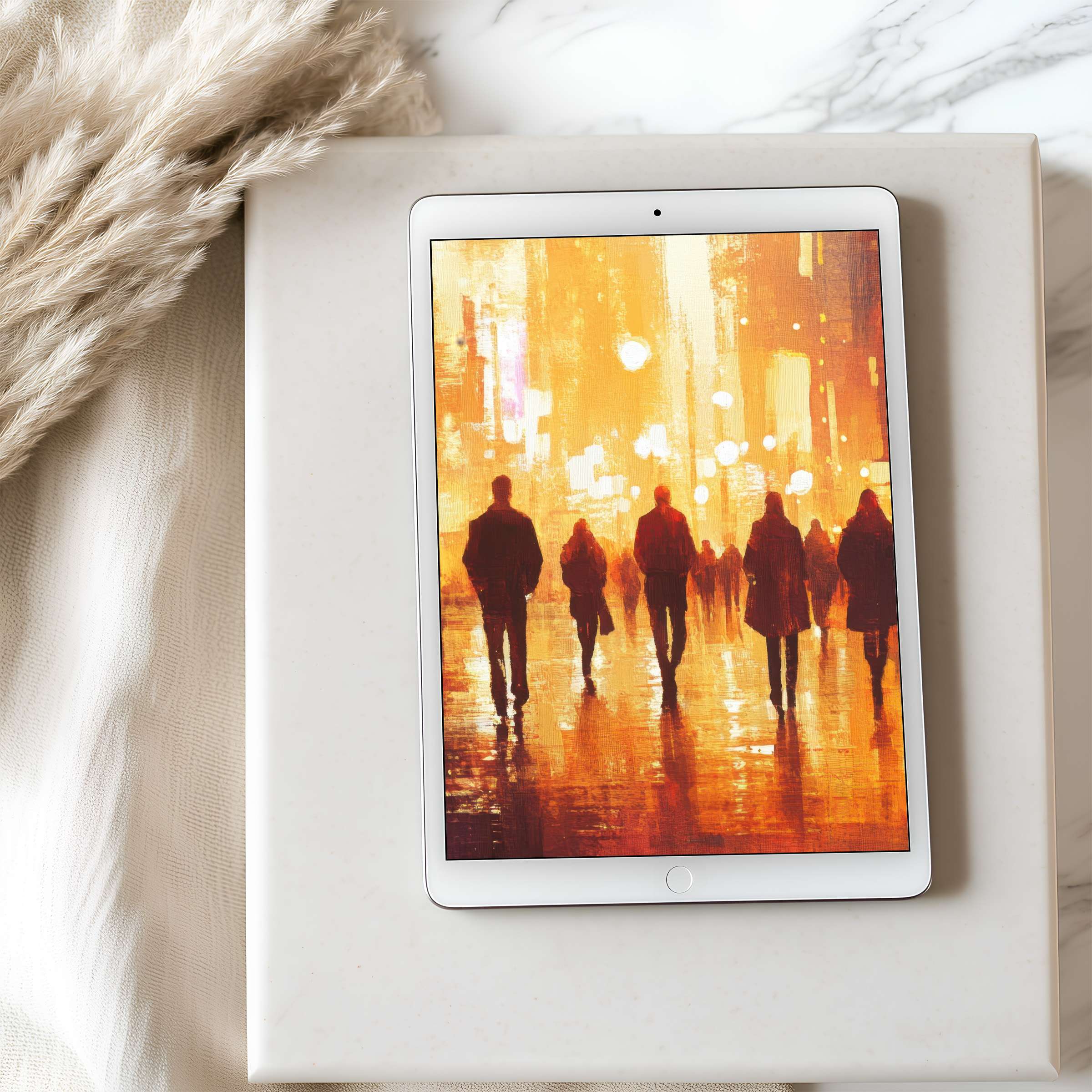 Elegant tablet wallpaper featuring a high-resolution, warm-toned cityscape, ideal for a calming digital download on iPad or Android tablets