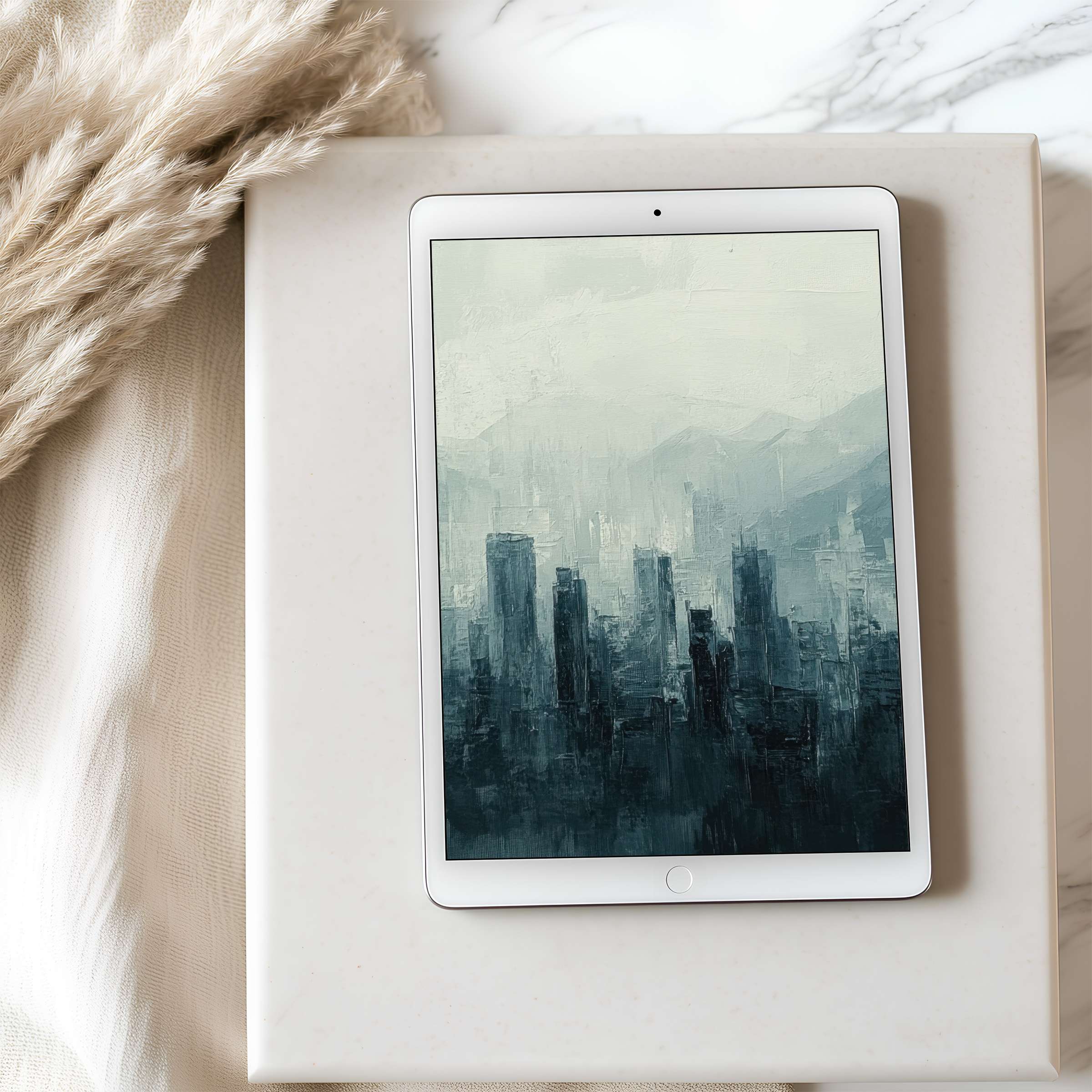 Elegant cityscape tablet wallpaper in calming blues and grays offers high resolution for iPad digital download enhancing serene interiors