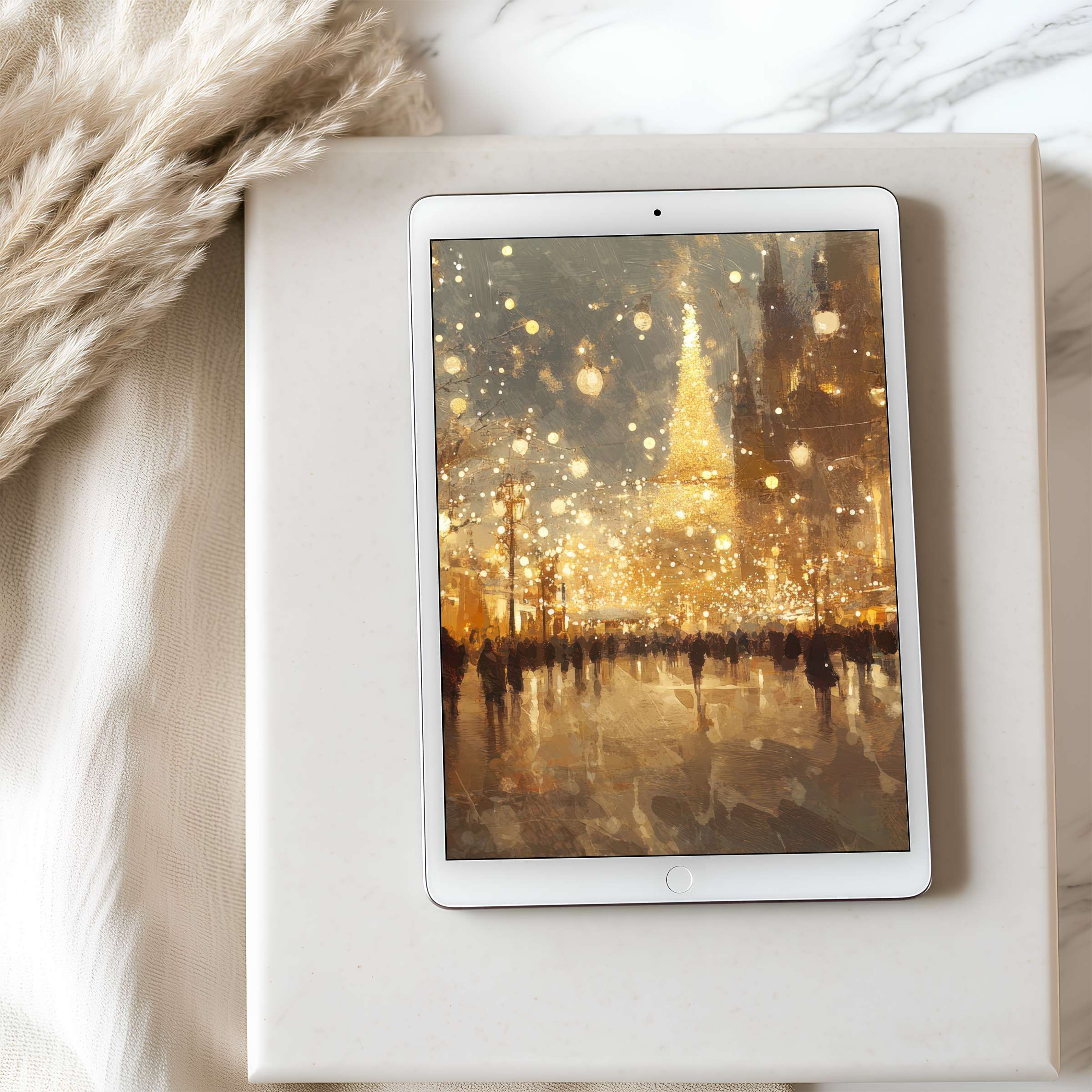 Elegant tablet wallpaper featuring a glowing cityscape and festive lights, perfect for high-resolution iPad or Android tablet download