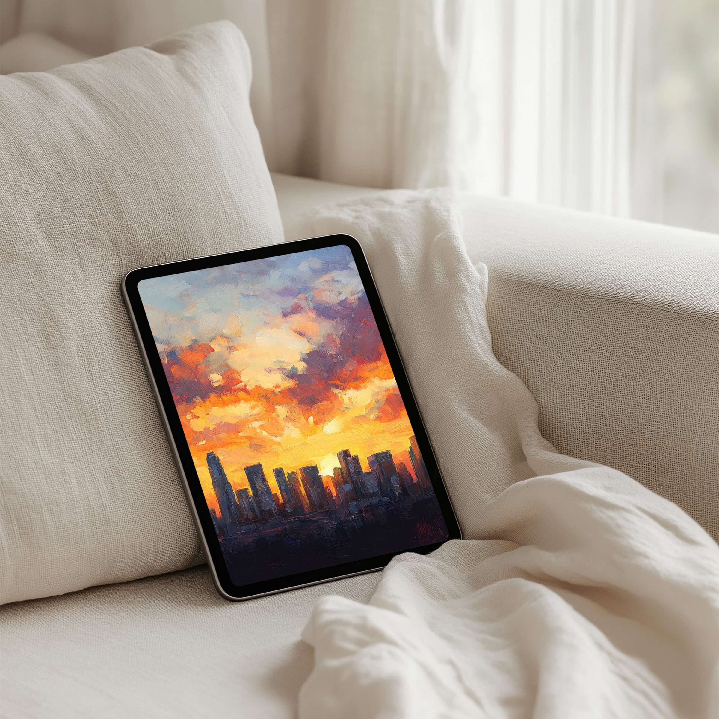 Elegant cityscape painting in sunset hues creates a calming iPad background for instant download to any tablet inspiring mindfulness