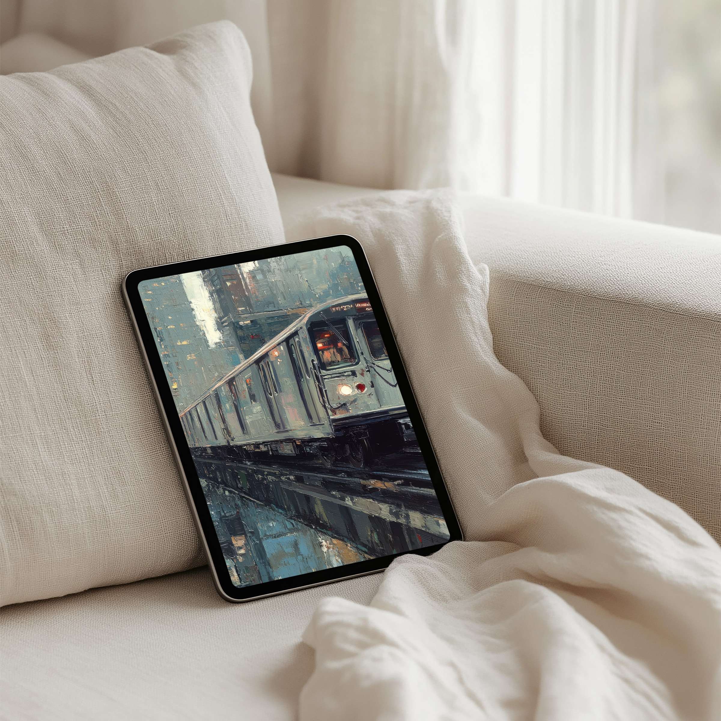 Elegant painting of a city train on an iPad background evokes calm and inspiration for mindful tablet use instant download