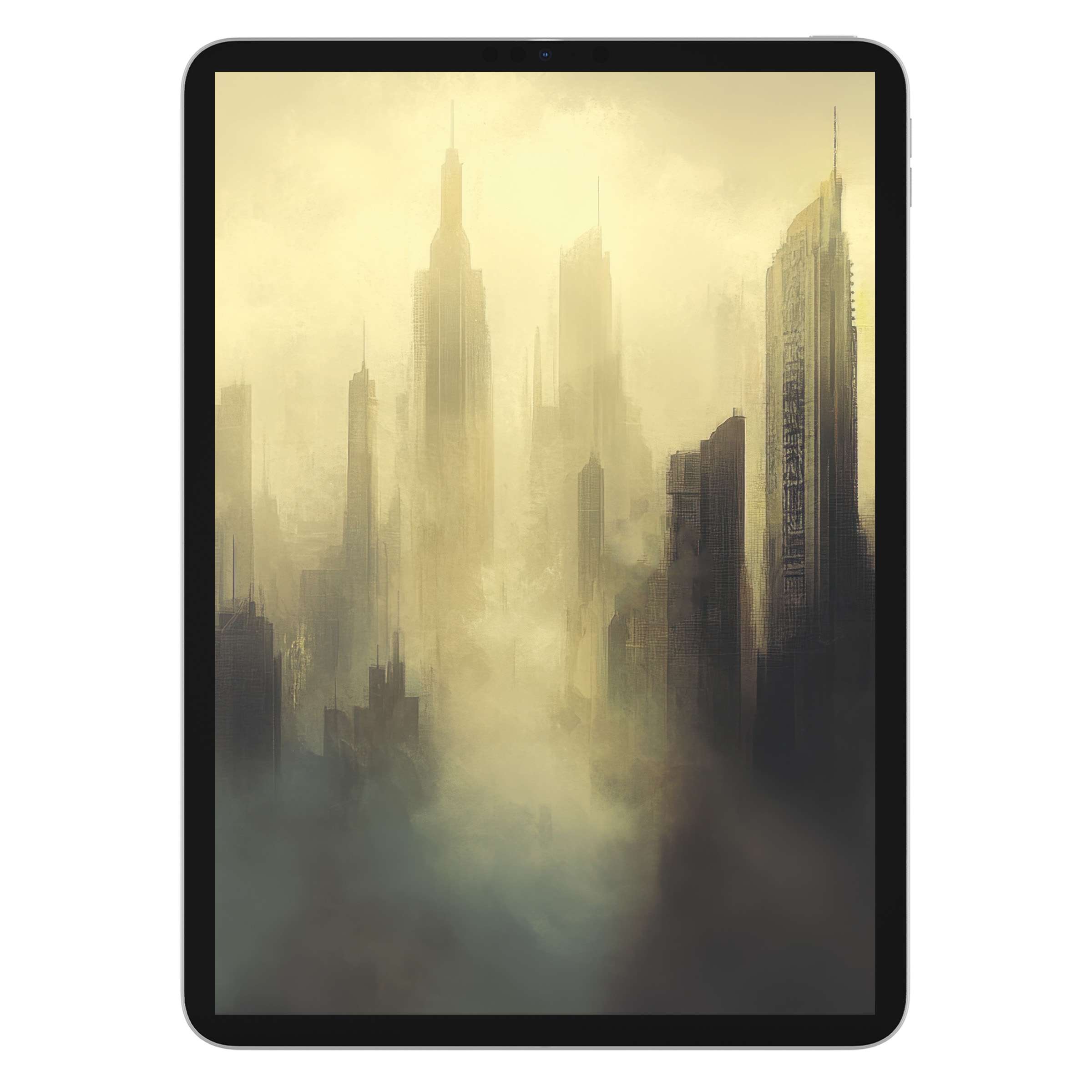 Urban art iPad wallpaper digital download features misty skyscrapers in ethereal hues perfect for tablet backgrounds adding urban calm