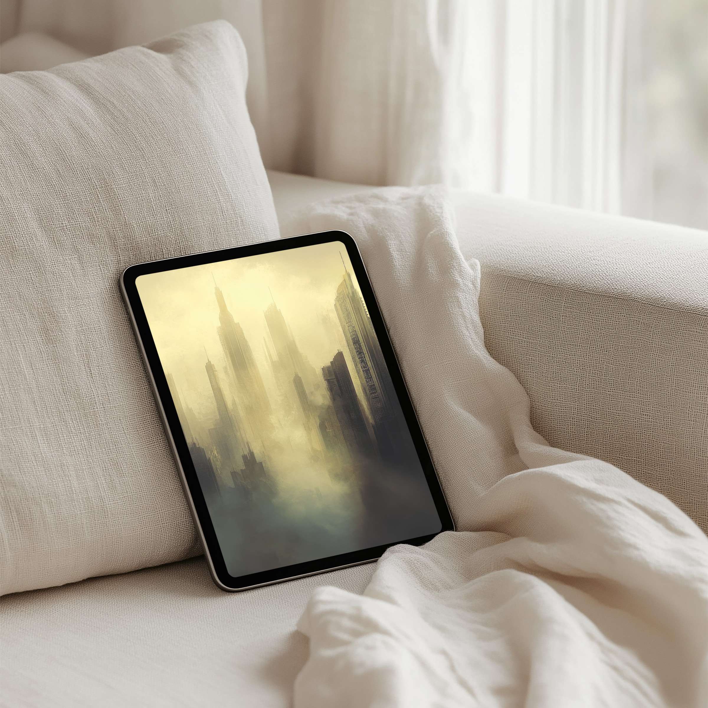 Mystical cityscape iPad background offers instant download for tablets providing calm inspiration with elegant, dreamy hues and textures