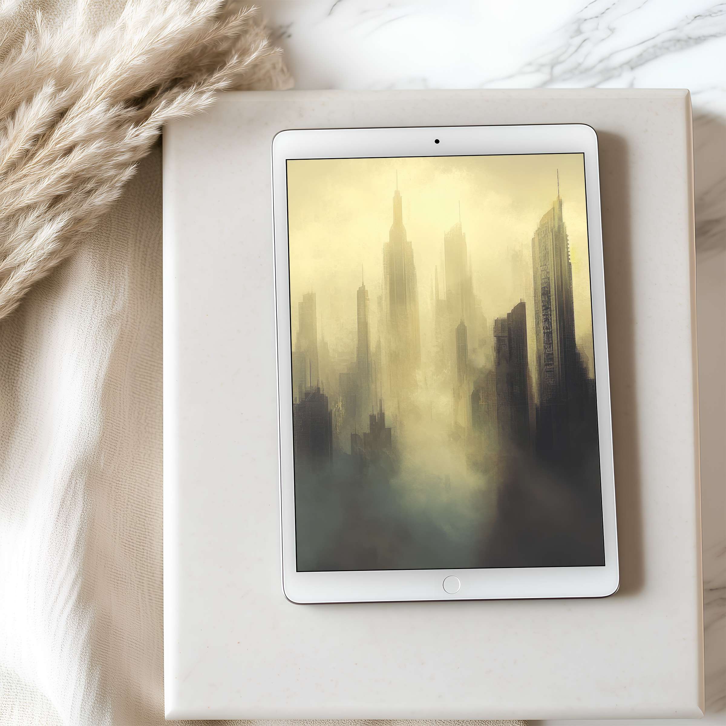 Elegant skyline art tablet wallpaper with misty gold hues, ideal for iPad and Android tablets, offering a serene digital download experience