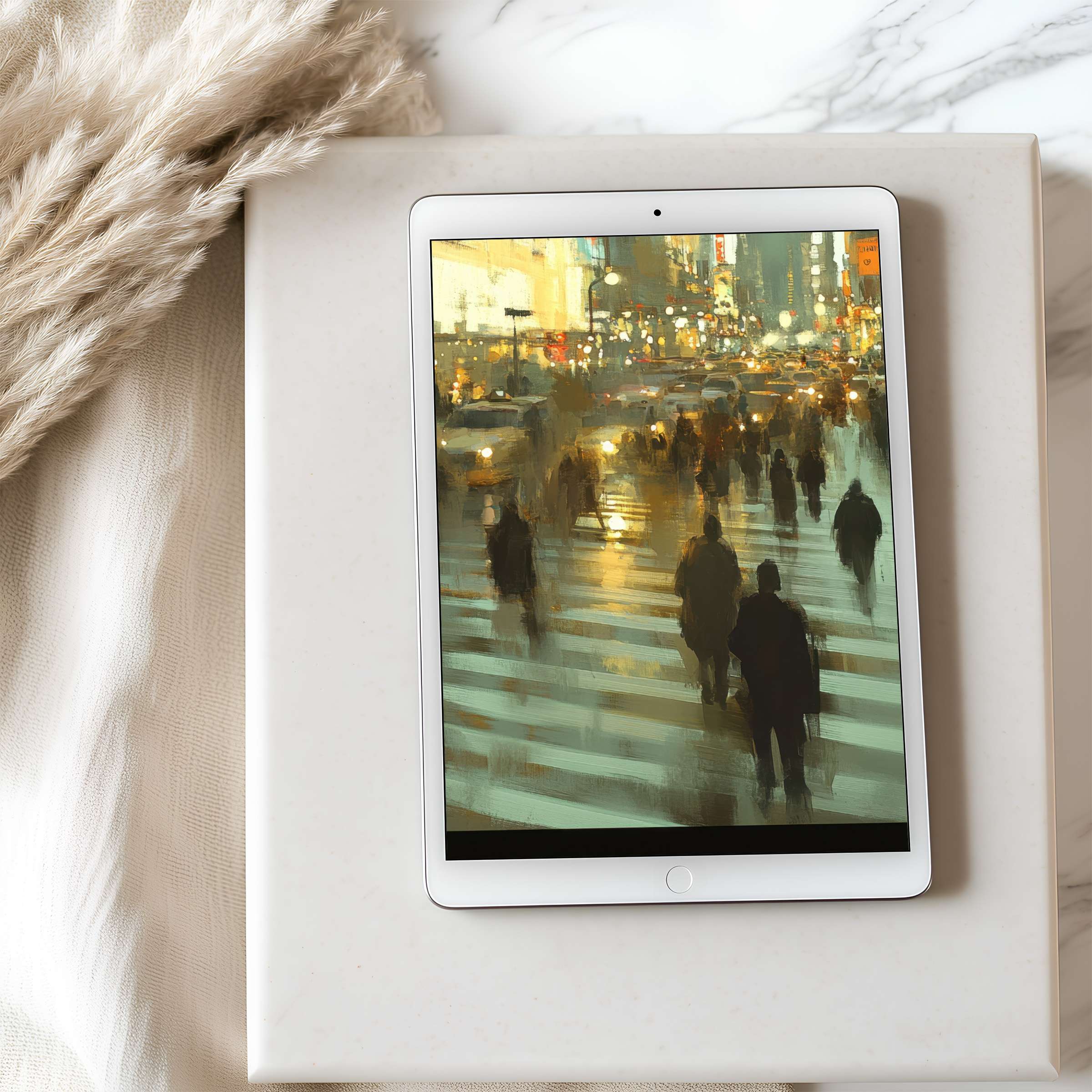 Elegant tablet wallpaper with a painterly cityscape in soft hues, perfect for iPad or Android tablets, offering high resolution and serene design