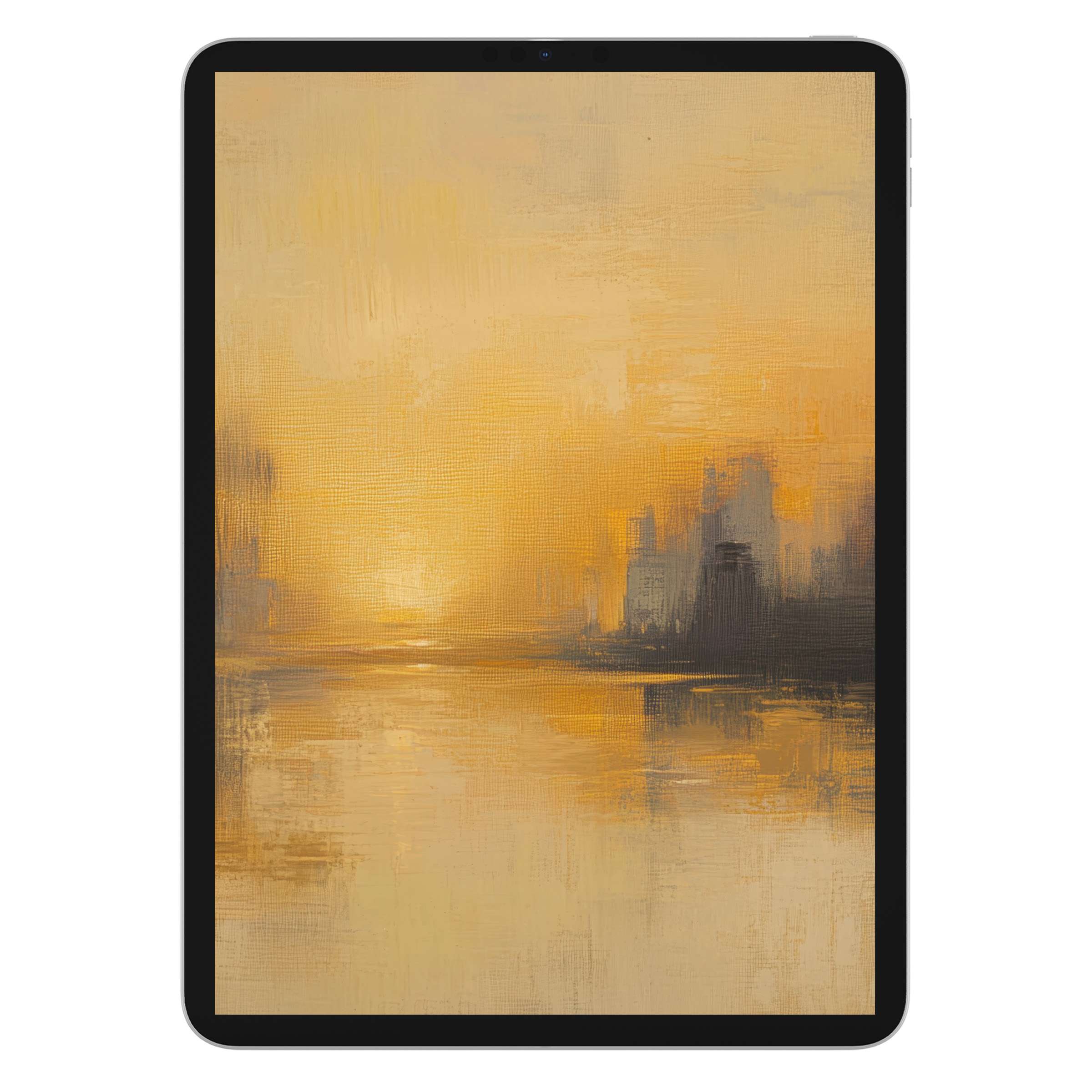Urban art iPad wallpaper with warm golden hues reflecting a city skyline, perfect digital download for tablet background elegance