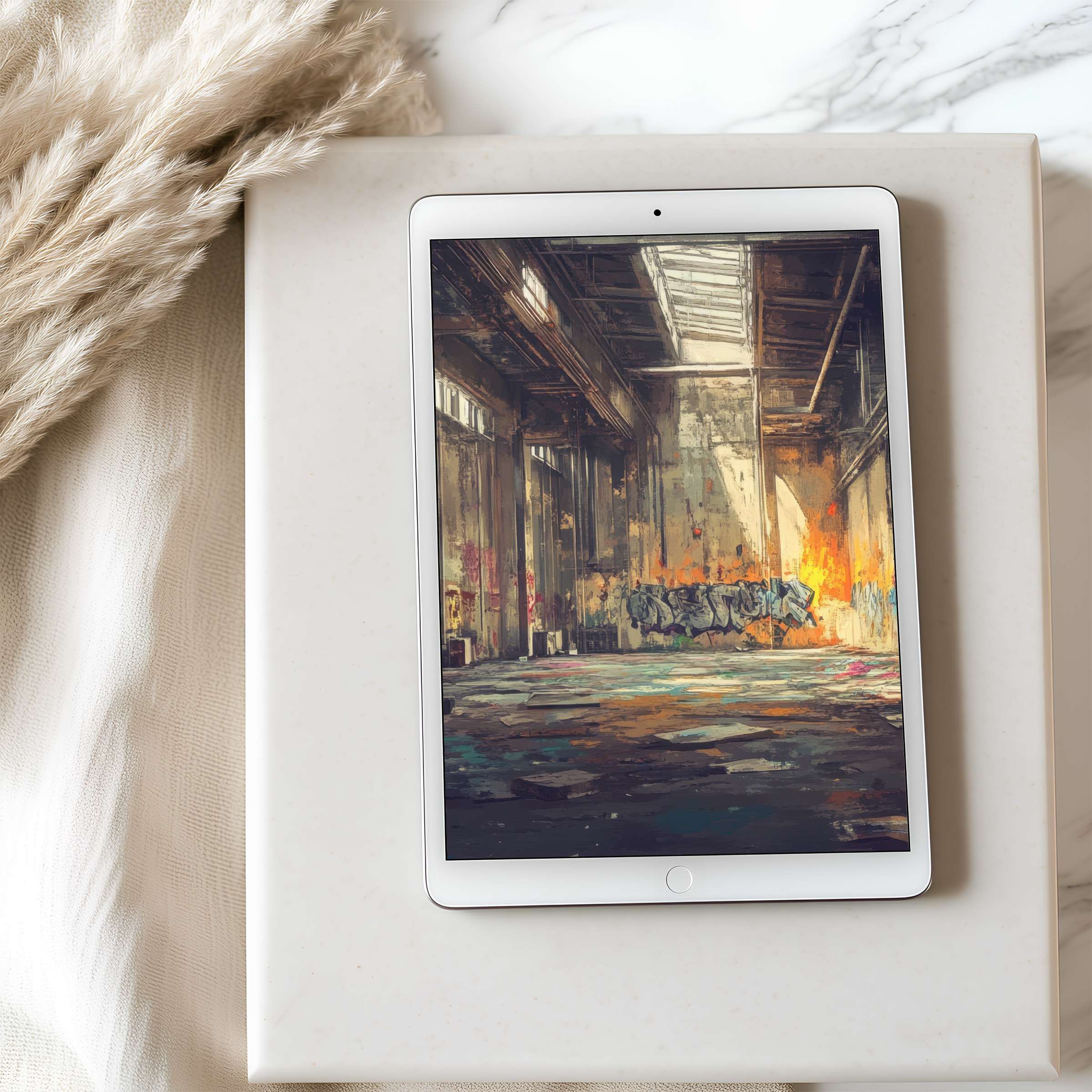 High-resolution tablet wallpaper featuring an elegant urban art scene in warm tones, perfect for iPad and Android digital downloads