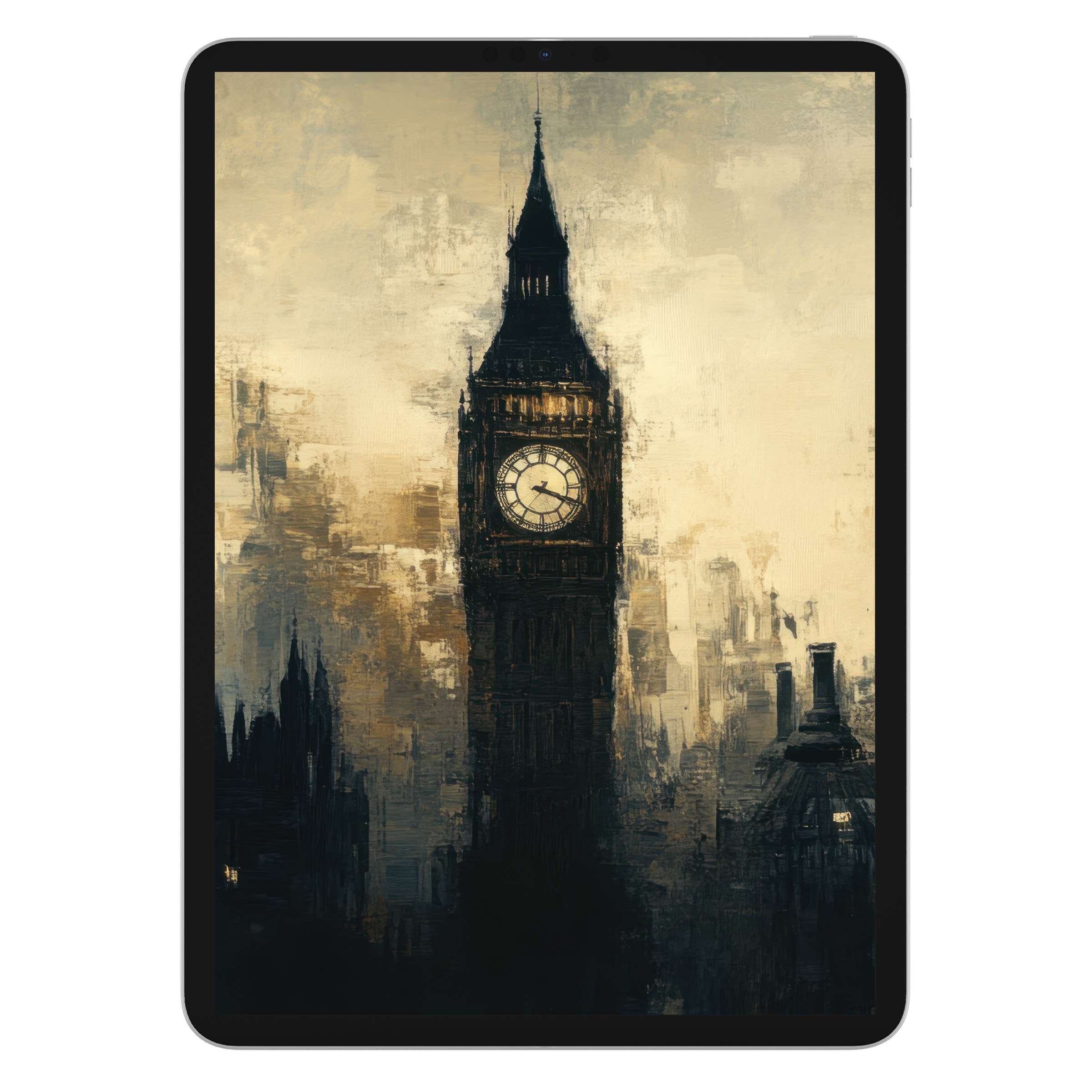 Urban art iPad wallpaper featuring an elegant clock tower against a textured cityscape background perfect for tablet digital download